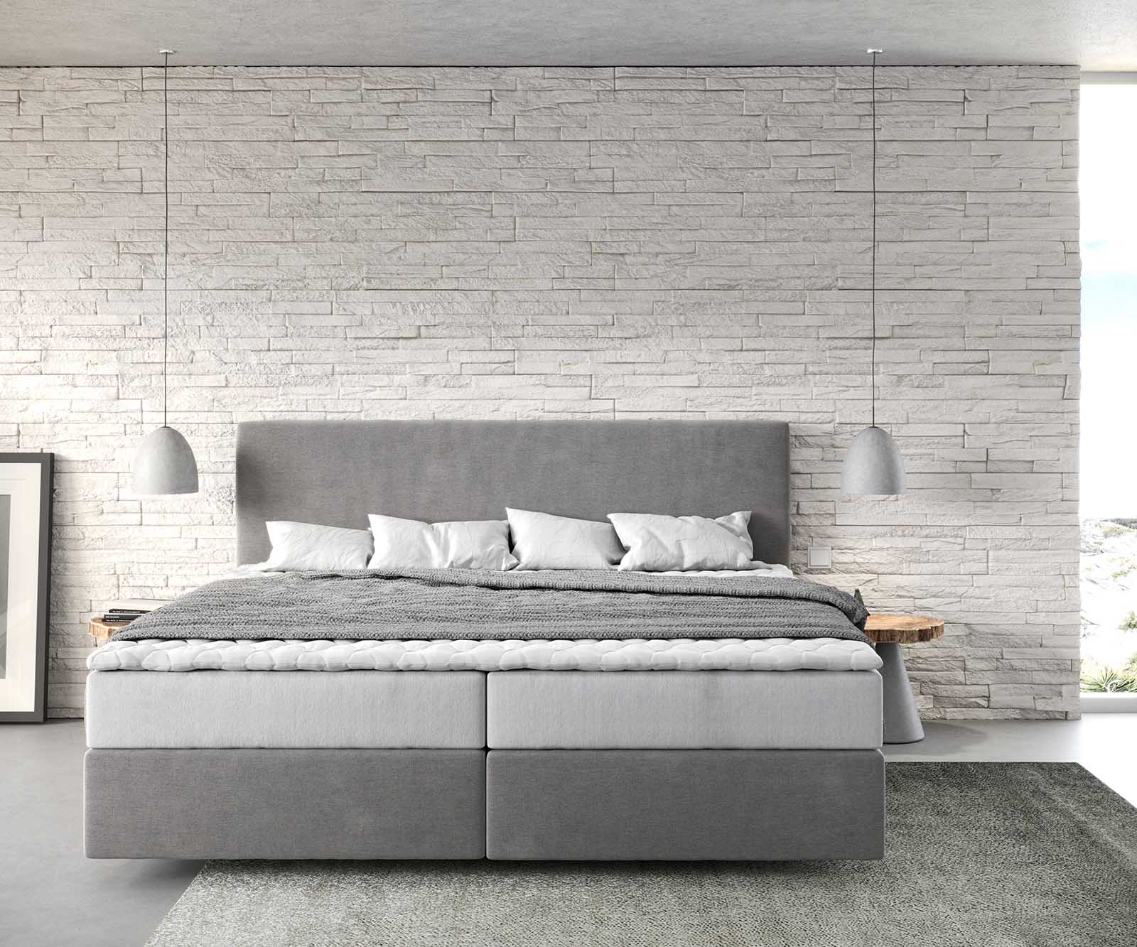 Łóżko kontynentalne Dream-Well mikrofibra szara 200x200cm z materacem ze sprężynami kieszeniowymi i topperem Visco 1