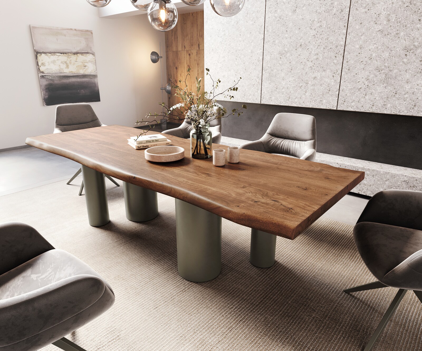 Stół do jadalni Edge 260x100 cm XL akacja brązowa rama Pilier metal w kolorze tytanu