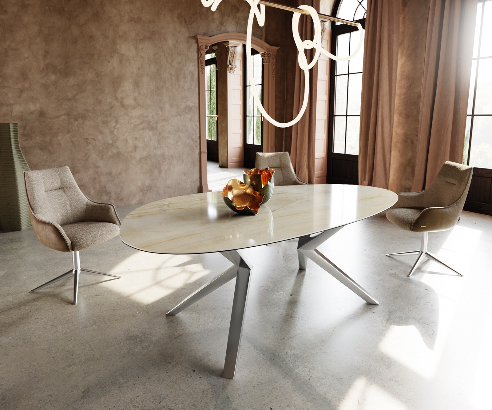 Stół do jadalni Edge owalny 220x120cm ceramika Iris FMG Onice Oro rama Zenthara stal nierdzewna 1