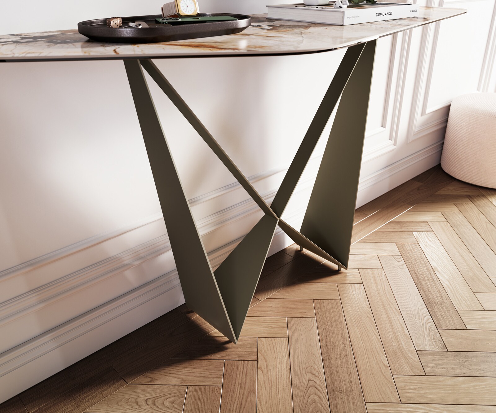 Konsola Edge wielokątna 140x50 cm ceramika Patagonia podstawa Spios metal w kolorze tytanu 6