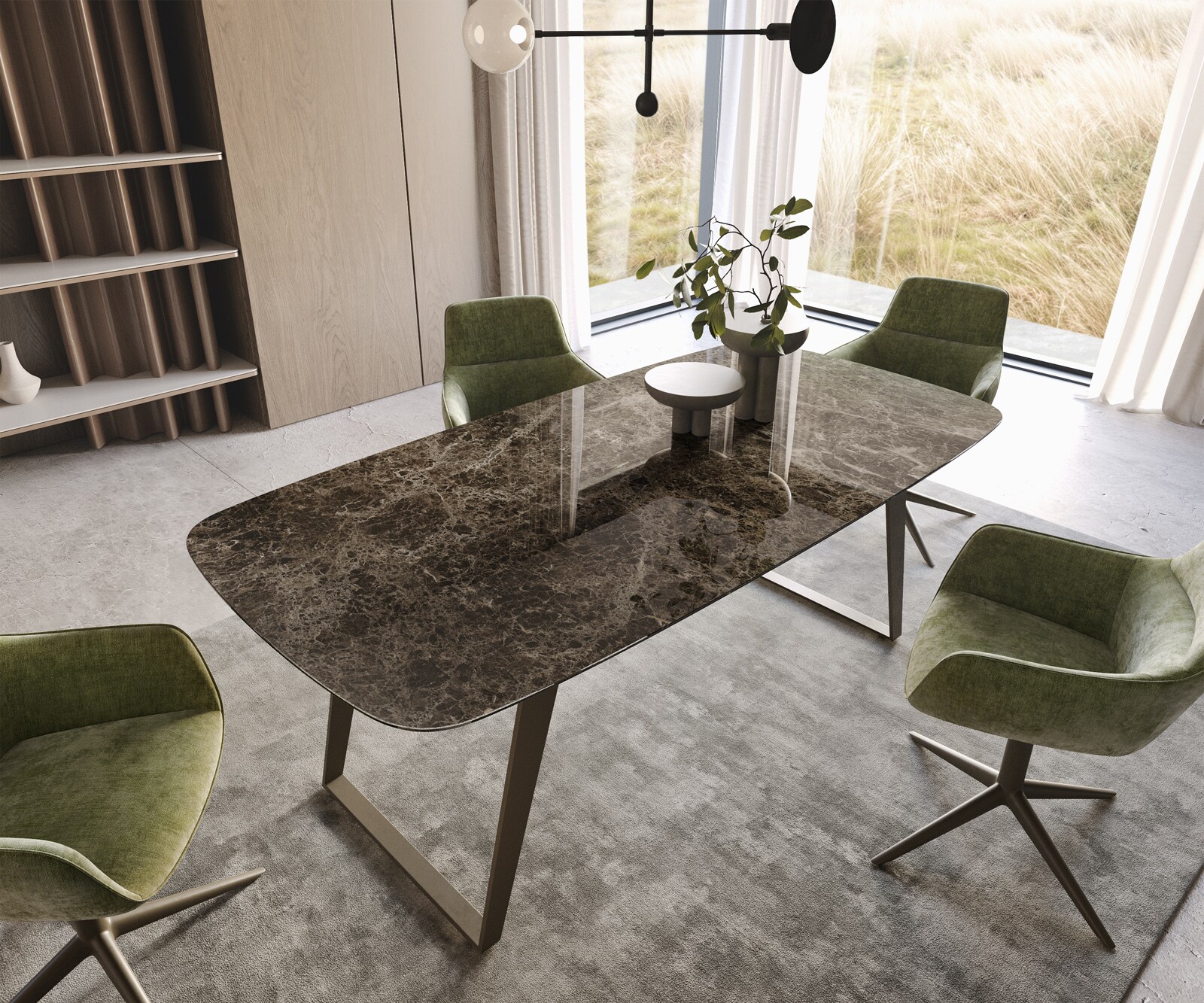 Stół do jadalni Edge kształt beczki 200x100cm ceramika Emperador Extra Lucidato ciemnobrązowa pochylona rama metal kolor tytanowy 2