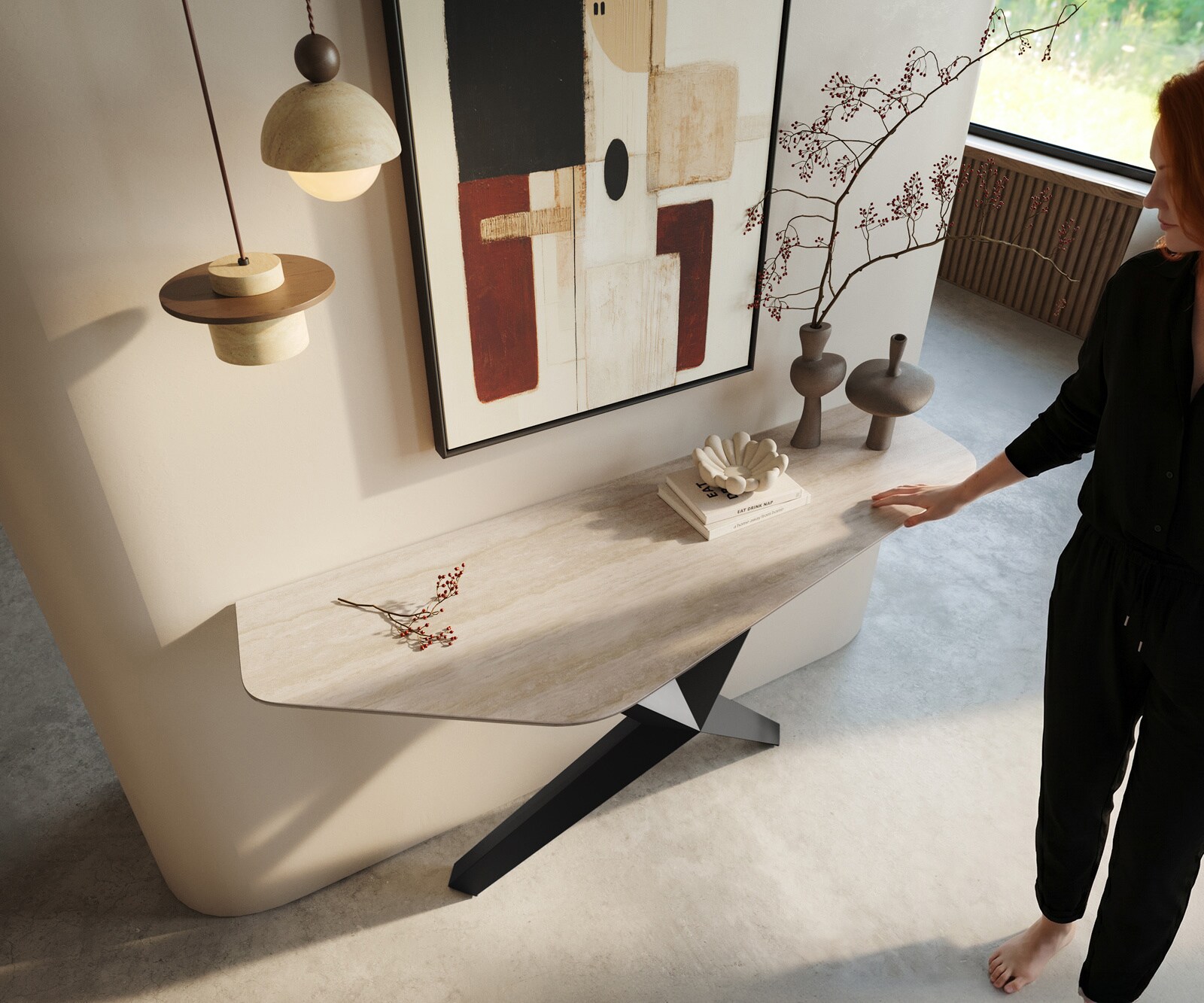 Konsola Edge wielokątna 140x50 cm ceramika Laminam® Travertino Bianco kremowo-biały podstawa Zentharo metal czarny 2