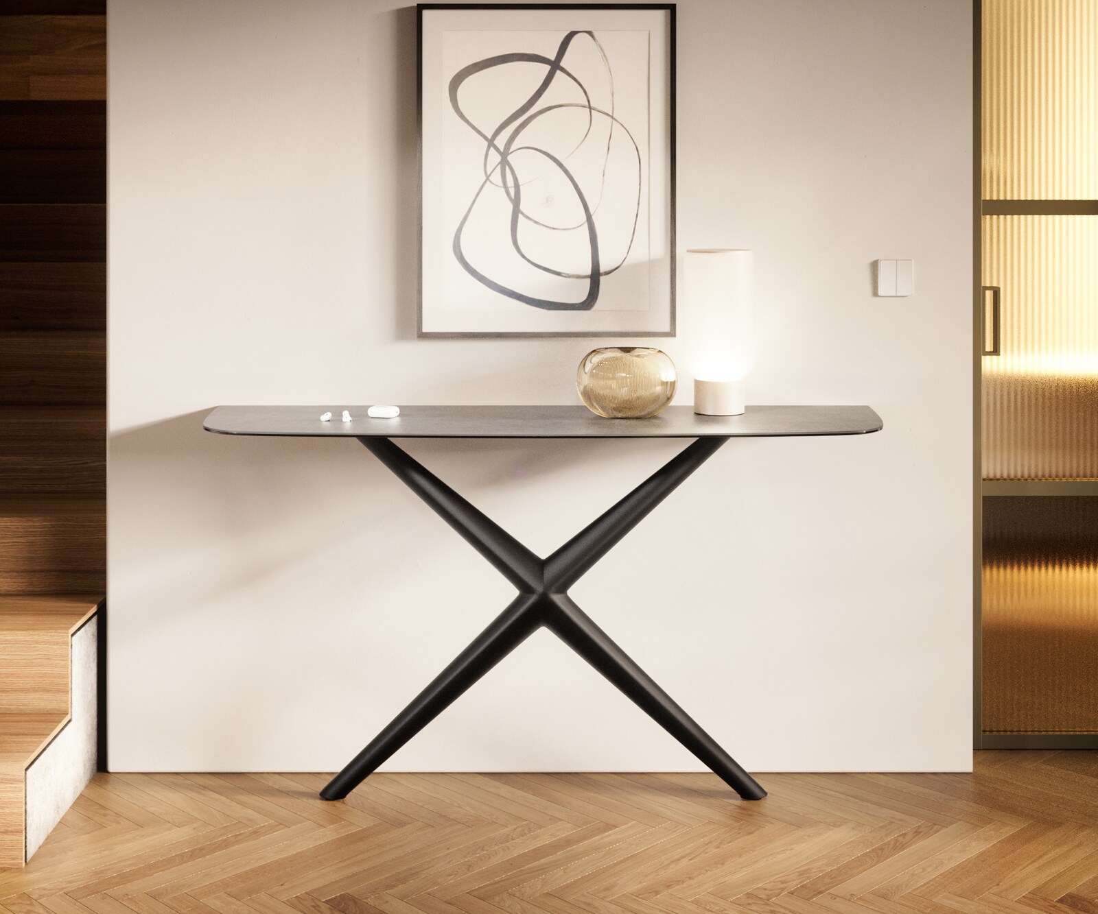 Konsola Edge w kształcie beczki 140x40 cm ceramika w kolorze betonowej szarości rama Estelo metal czarny 4