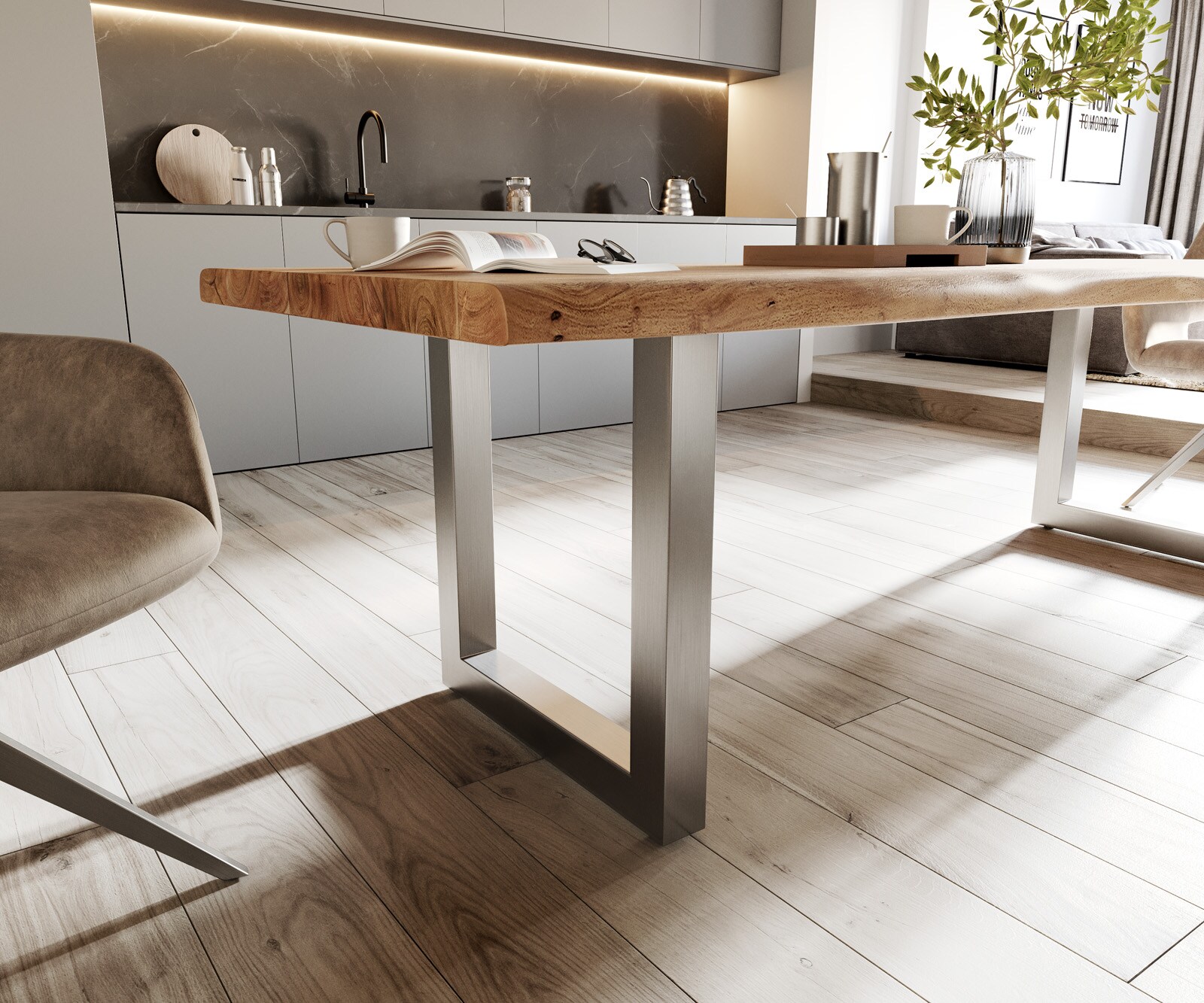 Stół do jadalni Edge 260x100 XL akacja naturalna stal nierdzewna live-edge 4