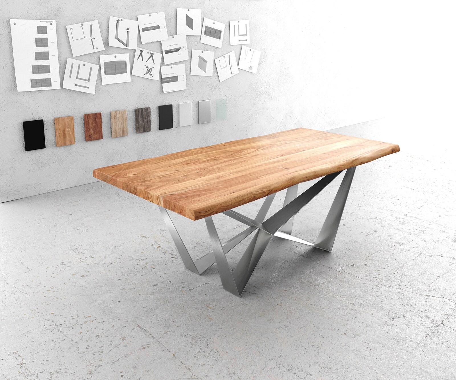 Stół do jadalni Edge 200x100 XL akacja naturalna rama Spider stal nierdzewna live-edge 1