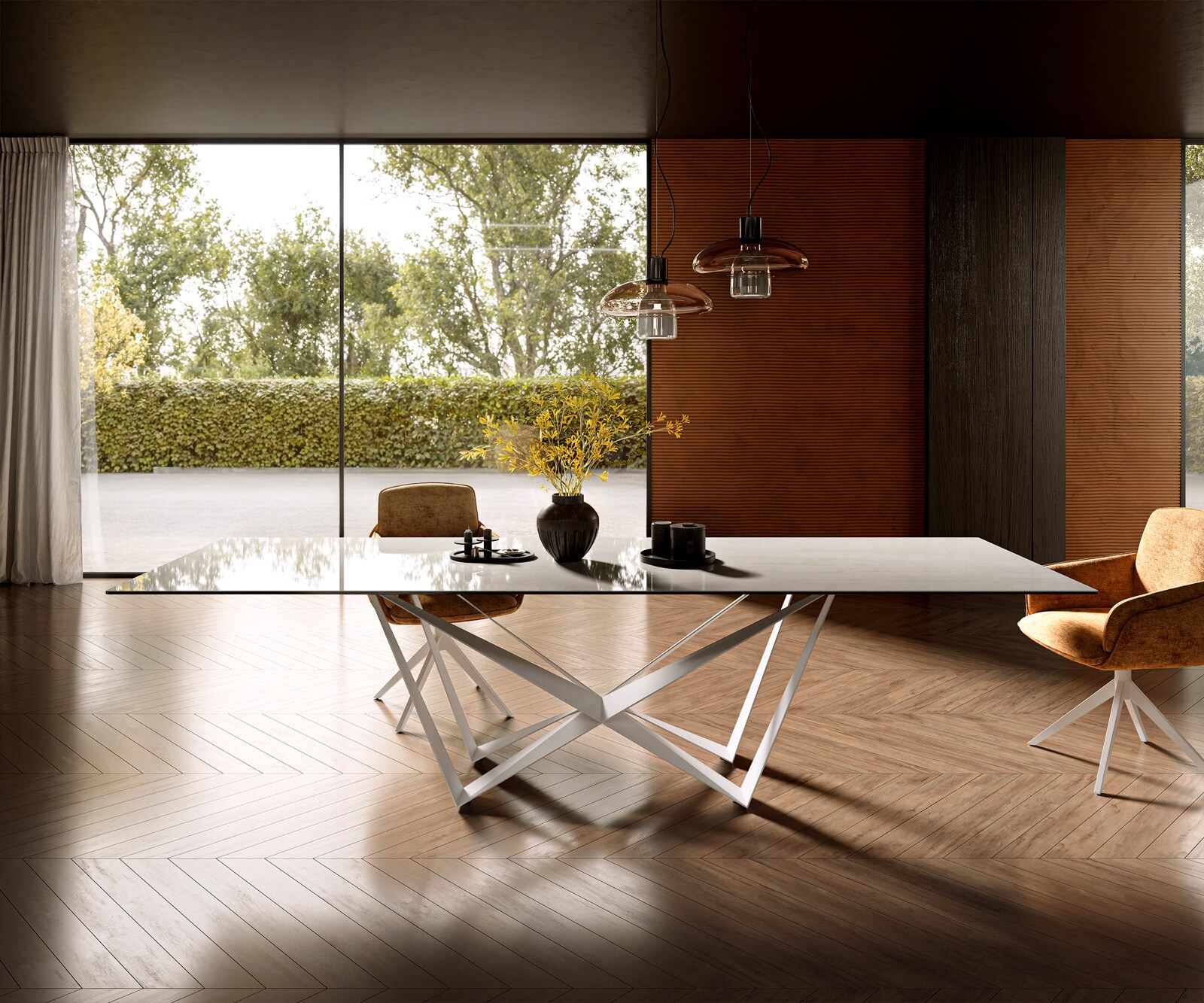 Stół do jadalni Edge 300x100 cm ceramika Onyx Champagne rama Spider metal biały 2