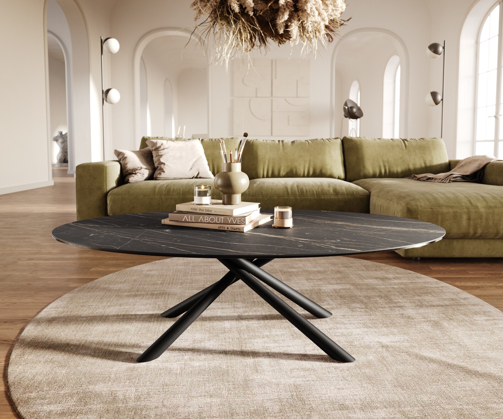 Stolik kawowy Edge owalny 140x80 cm ceramika Laminam® Noir Desir brązowa podstawa Sarity metal czarny 2