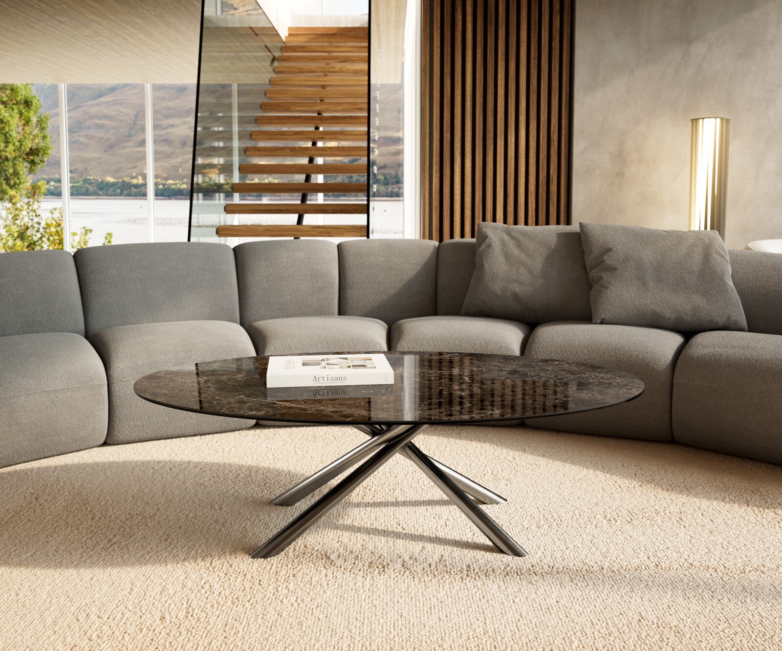 Stolik kawowy Edge owalny 140x80 cm ceramika Laminam® Emperador Extra Lucidato ciemnobrązowa podstawa Sarity stal nierdzewna szczotkowana 2