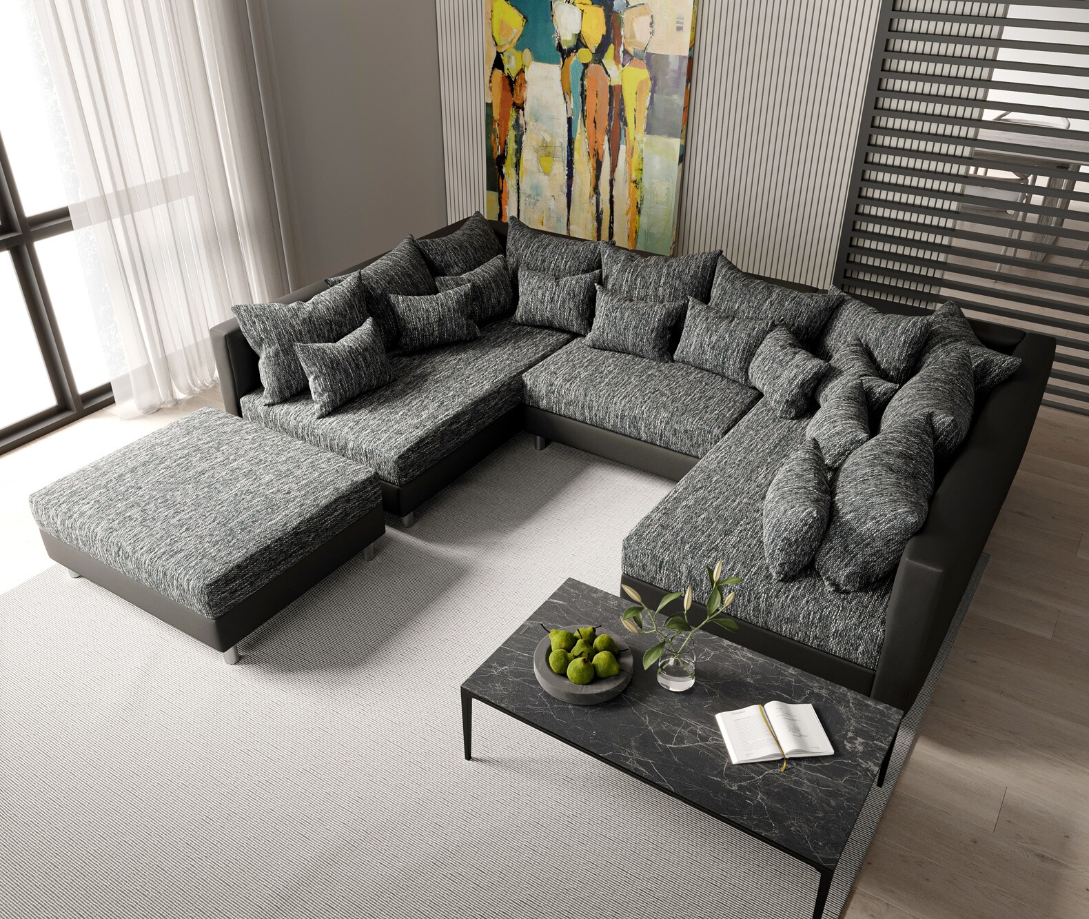 Zestaw wypoczynkowy Clovis czarna sofa modułowa z pufem 3