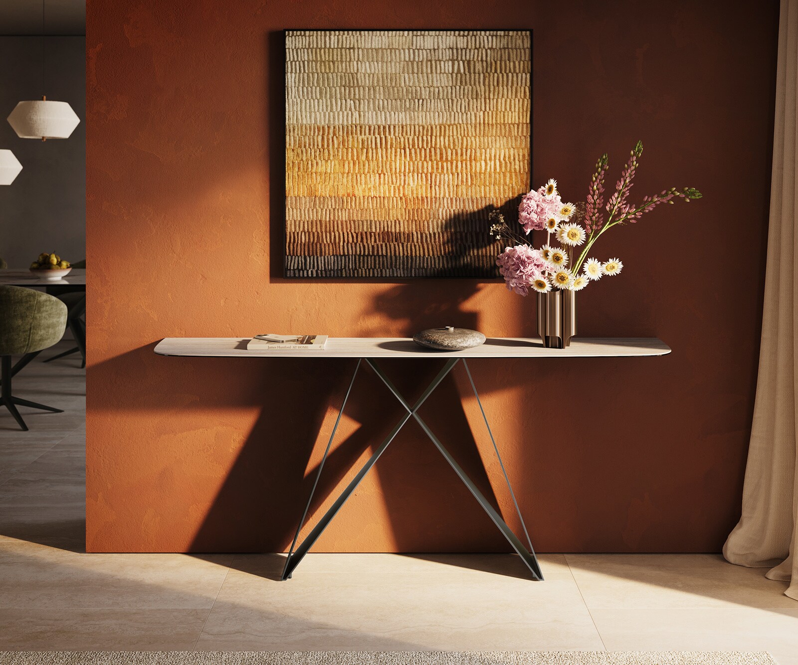 Konsola Edge w kształcie beczki 180x40 cm ceramika Laminam® Travertino Bianco kremowo-biały podstawa Velio metal w kolorze tytanu 1