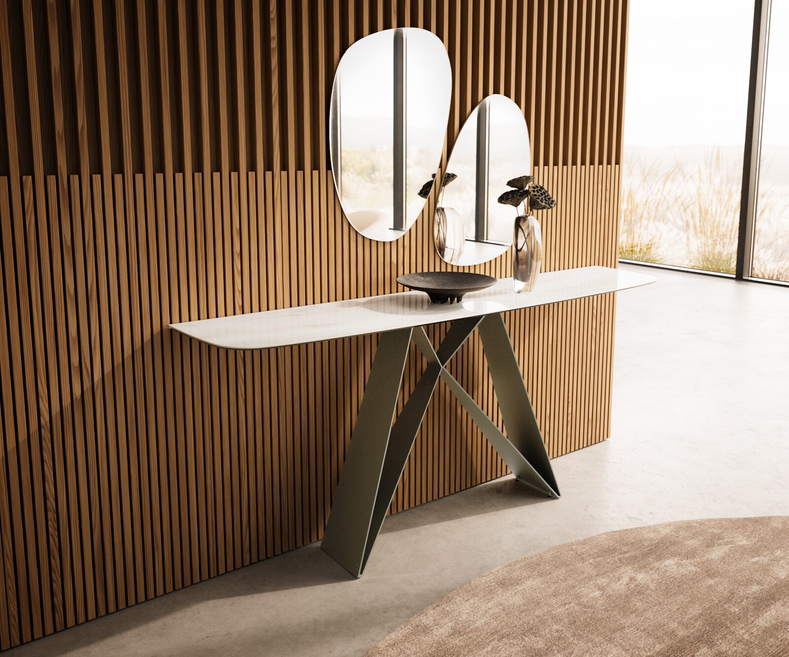 Konsola Edge w kształcie beczki 180x40 cm Onyx Champagne podstawa Velio metal w kolorze tytanu 4