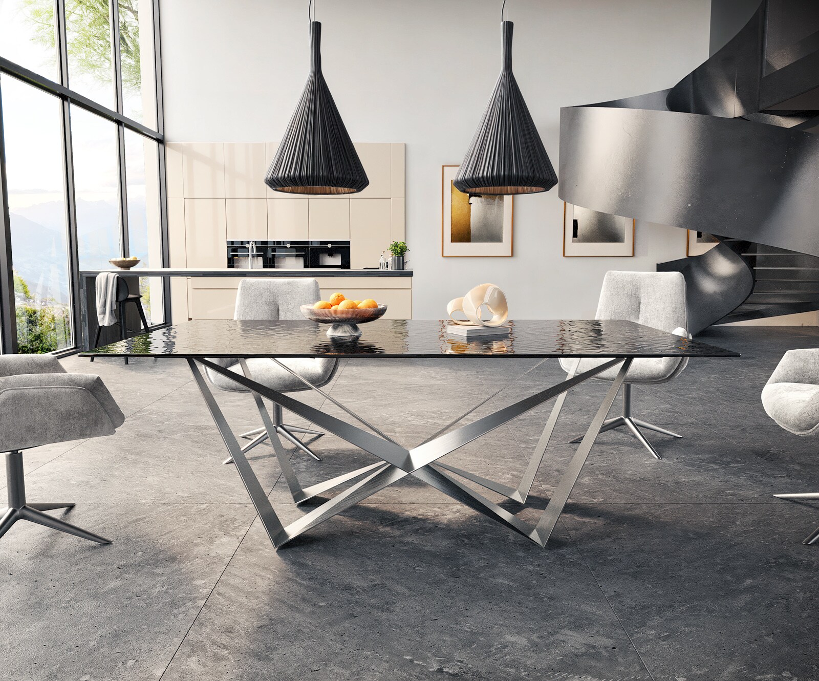 Stół do jadalni Edge 200x100 cm szkło reliefowe czarne efekt 3D rama Spider stal nierdzewna 1