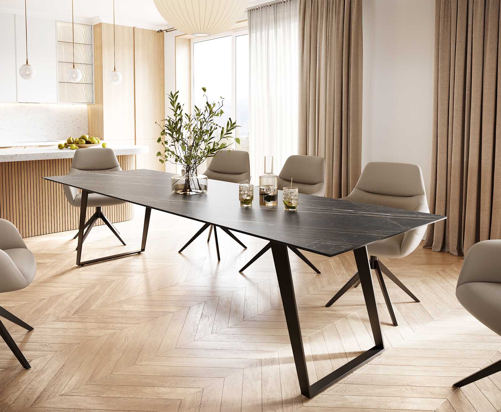 Stół do jadalni Edge 300x100cm ceramika Laminam® Noir Desir brązowy metal pochylona rama czarna