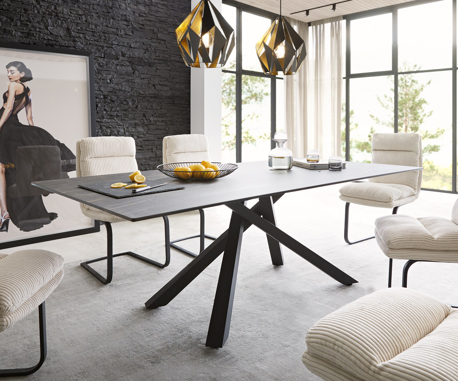 Stół do jadalni Edge 200x100 cm ceramika Laminam® Noir Desir brązowy rama Cross czarna