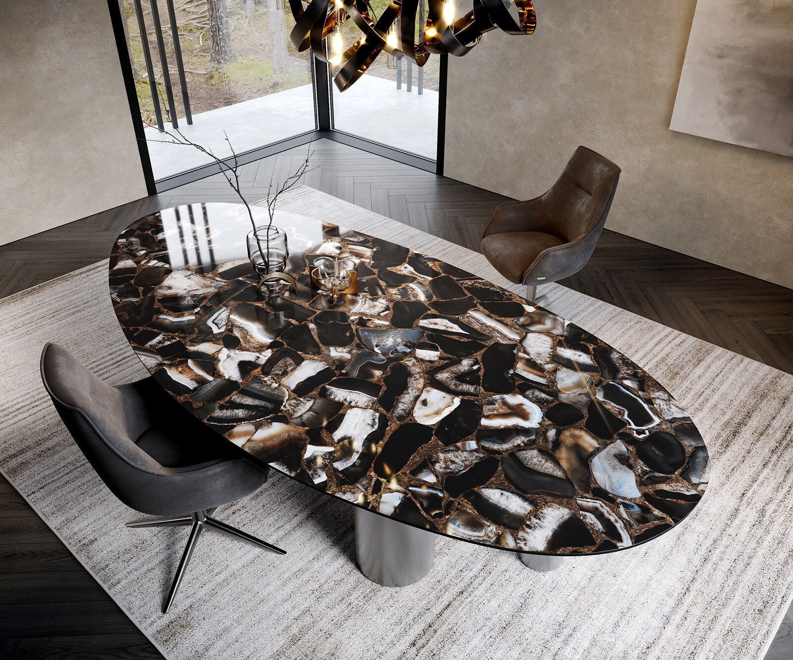 Stół do jadalni Edge owalny 280x130cm ceramika Iris FMG Agatablack rama Pilier stal nierdzewna grafit 1
