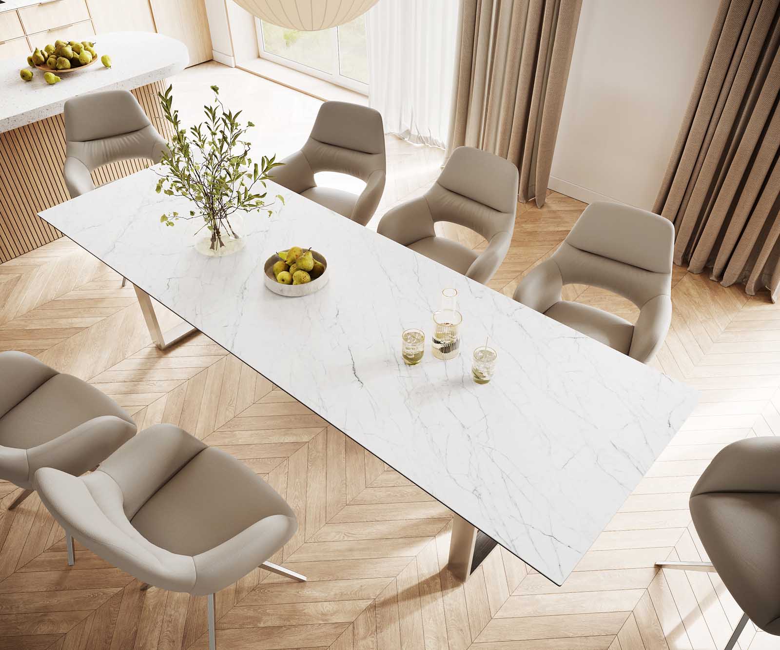 Stół do jadalni Edge 300x100cm ceramika Laminam® Statuarietto biały stal nierdzewna wąska rama 3