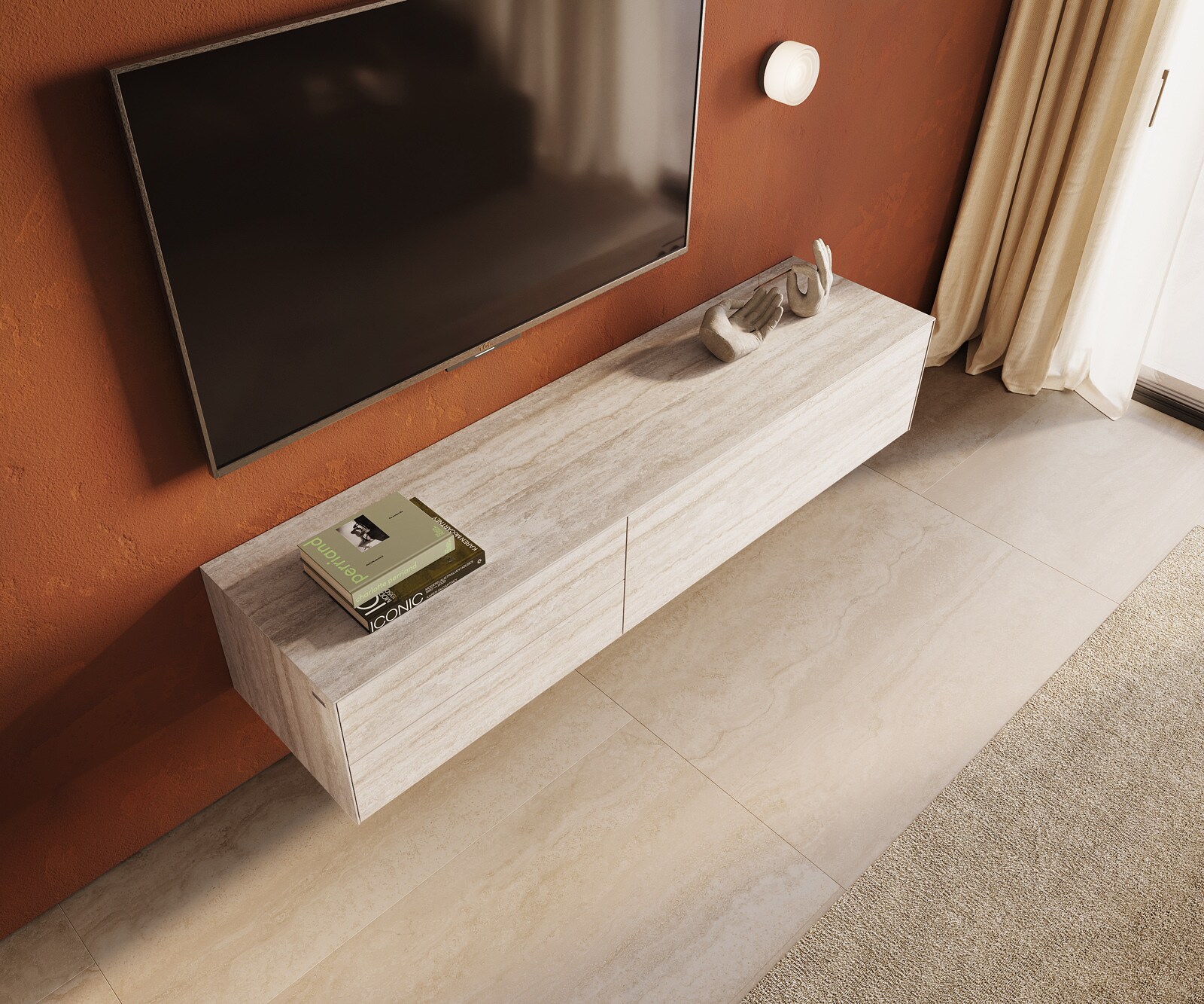 Szafka RTV Cuor 180 cm ceramika Laminam® Travertino Bianco kremowo-biała 1 klapa 2 szuflady podwieszana 3