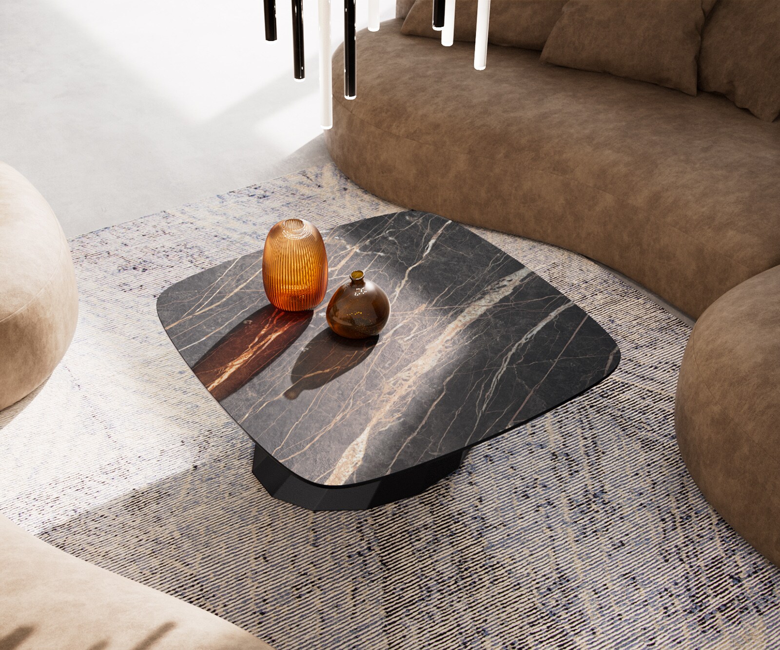 Stolik kawowy Edge w kształcie beczki 90x90 cm ceramika Laminam® Noir Desir brązowa podstawa Parabi metal czarny 4
