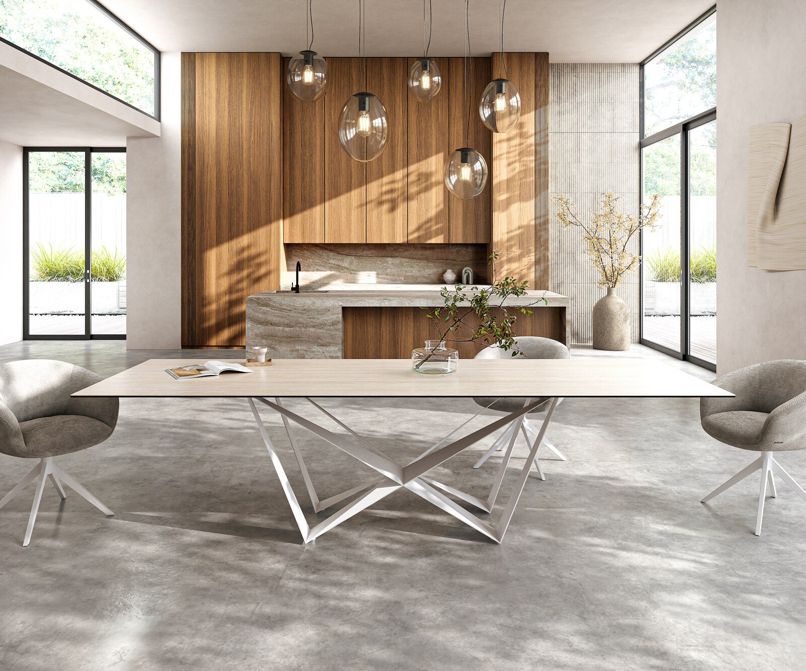 Stół do jadalni Edge 300x100cm ceramika Laminam® Travertino Bianco kremowo-biały rama Spider metal biały 1