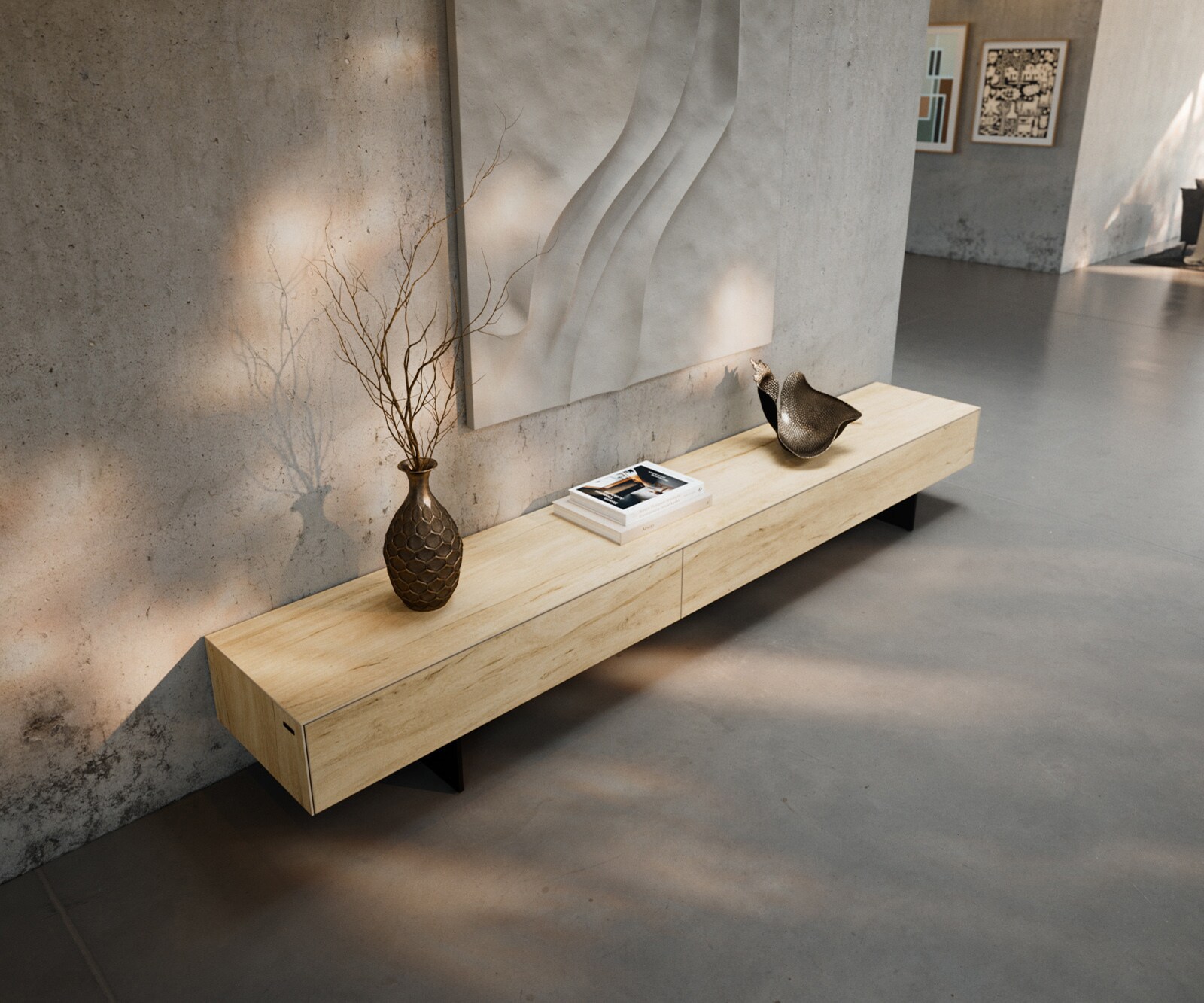 Szafka RTV Cuor 250 cm ceramika Laminam® Sabbia (kolor dębu) 1 klapa 1 szuflada nóżki wąskie czarny metal 4