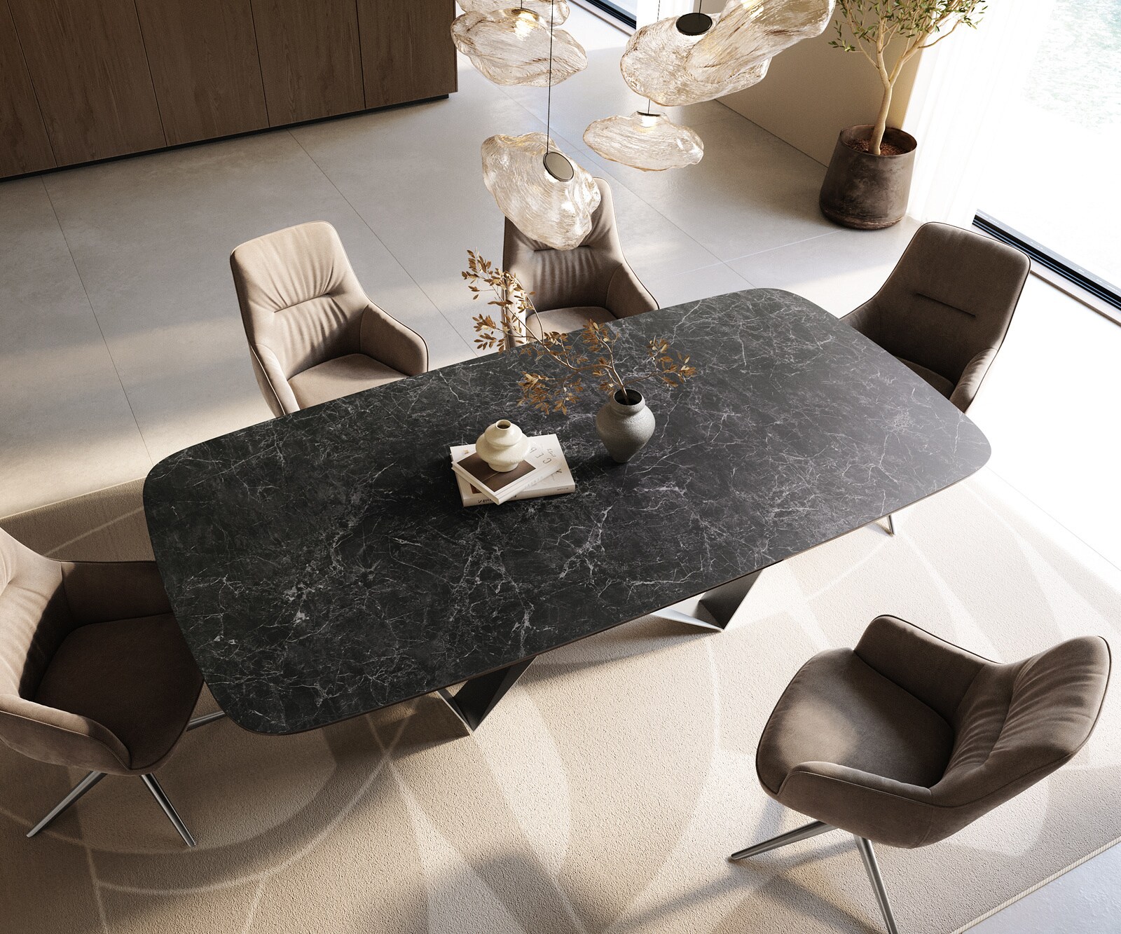 Stół do jadalni Edge w kształcie beczki 240x120 ceramika Laminam® Nero Greco antracytowa rama Spider stal nierdzewna 4