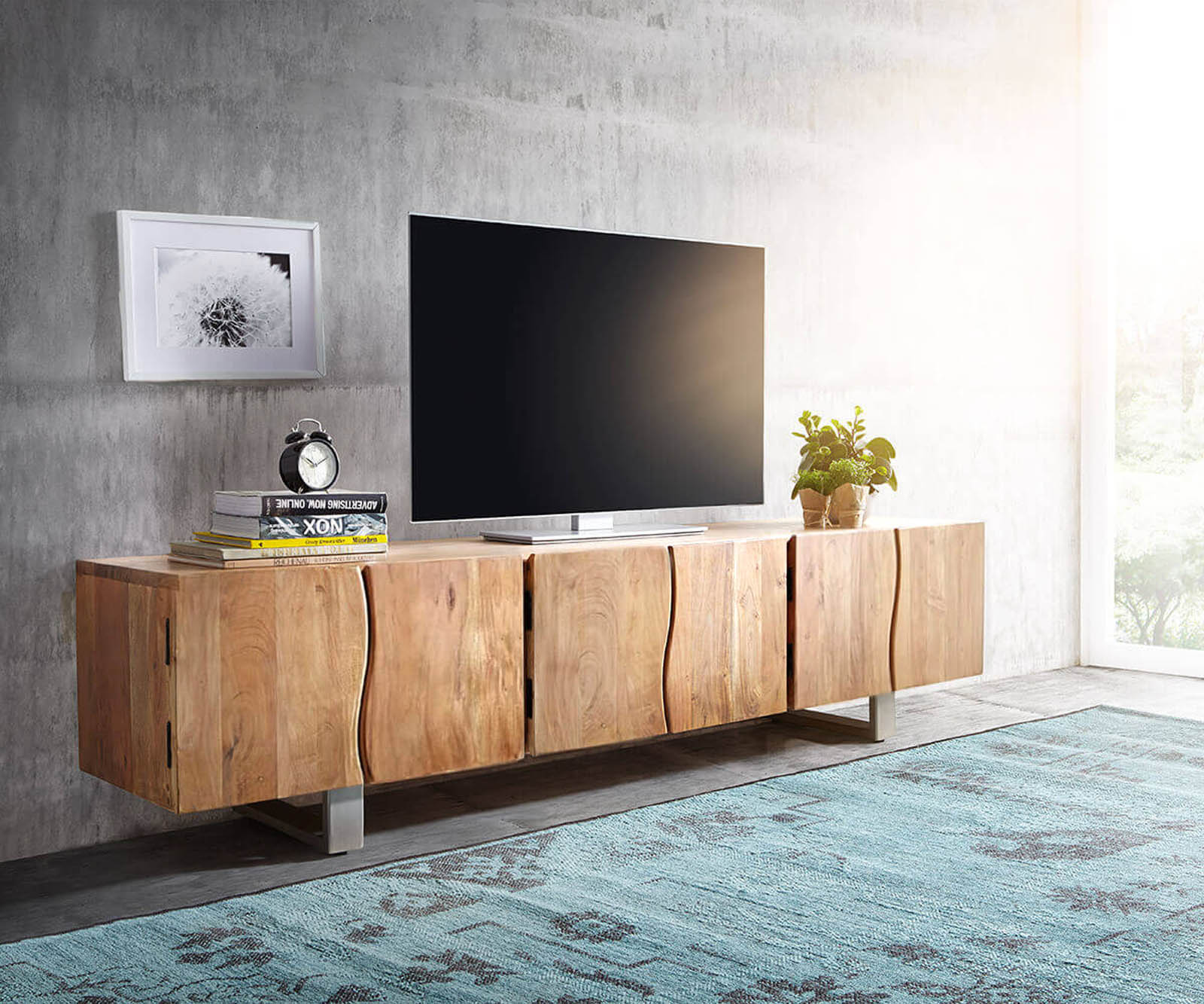 Szafka RTV Live-Edge 220 cm akacja naturalna 6 drzwi