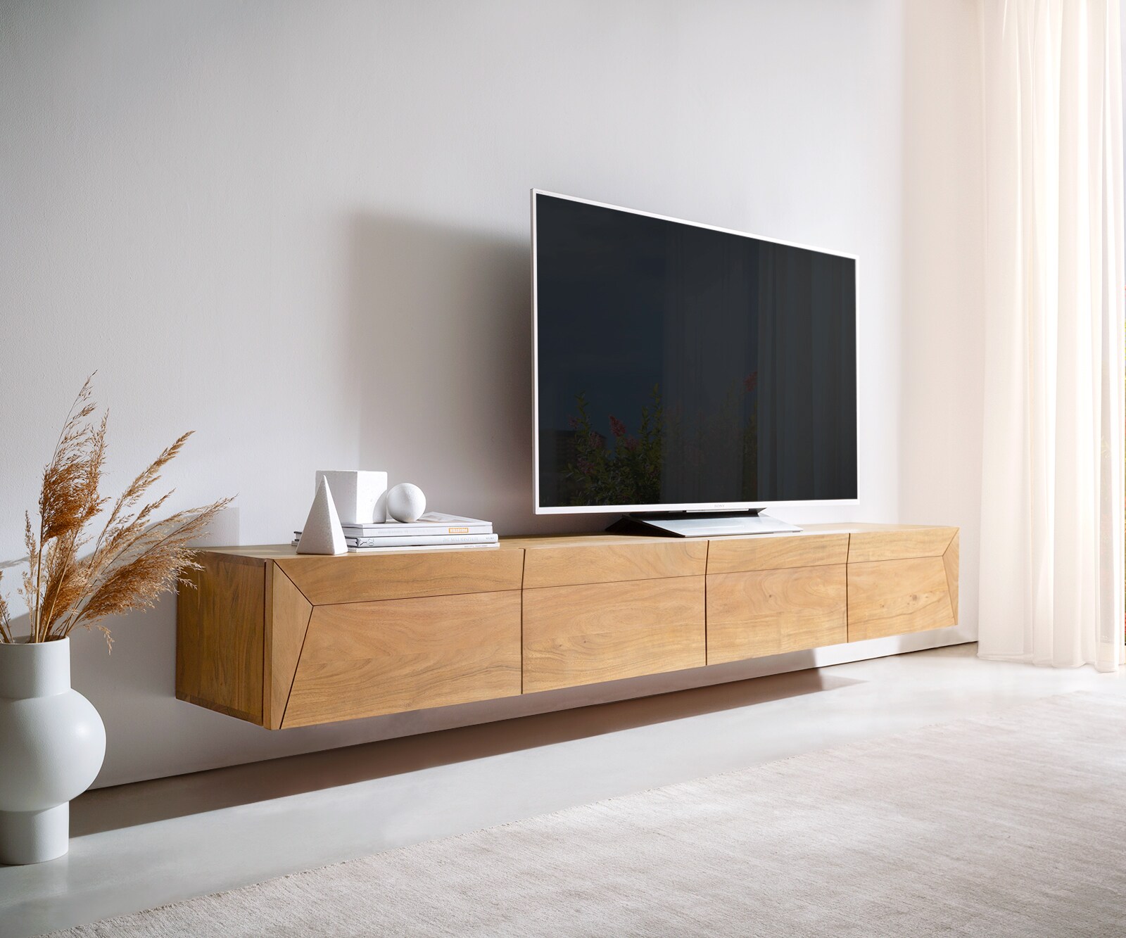 Szafka RTV Kayu 220 cm akacja naturalna 4 drzwi podwieszana