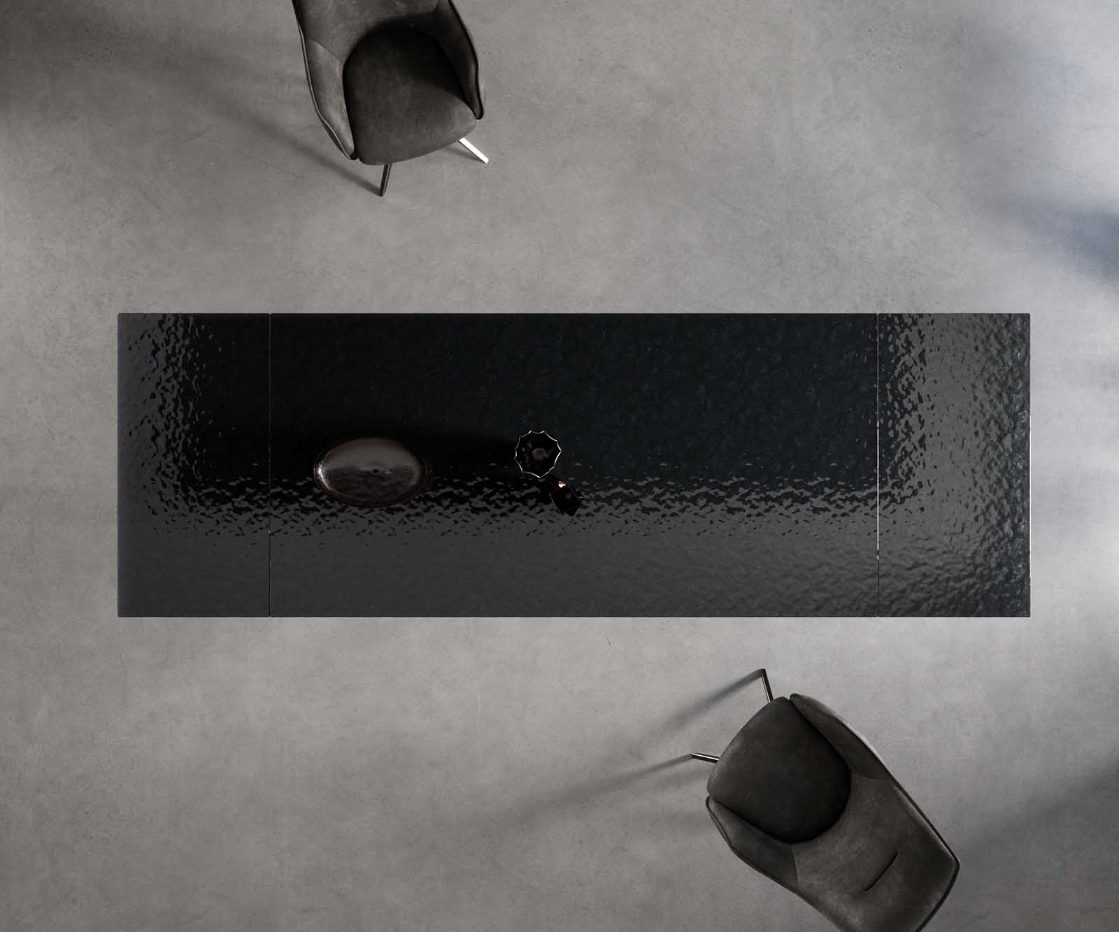 Stół do jadalni Edge 200-300x100 cm szkło reliefowe czarne efekt 3D rama Spider metal czarna rozkładany 8