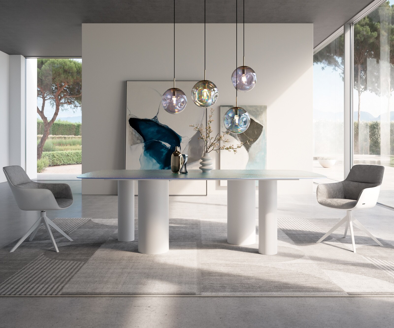 Stół do jadalni Edge kształt beczki 240x120cm szkło reliefowe masa perłowa efekt 3D rama Pilier metal biały 1