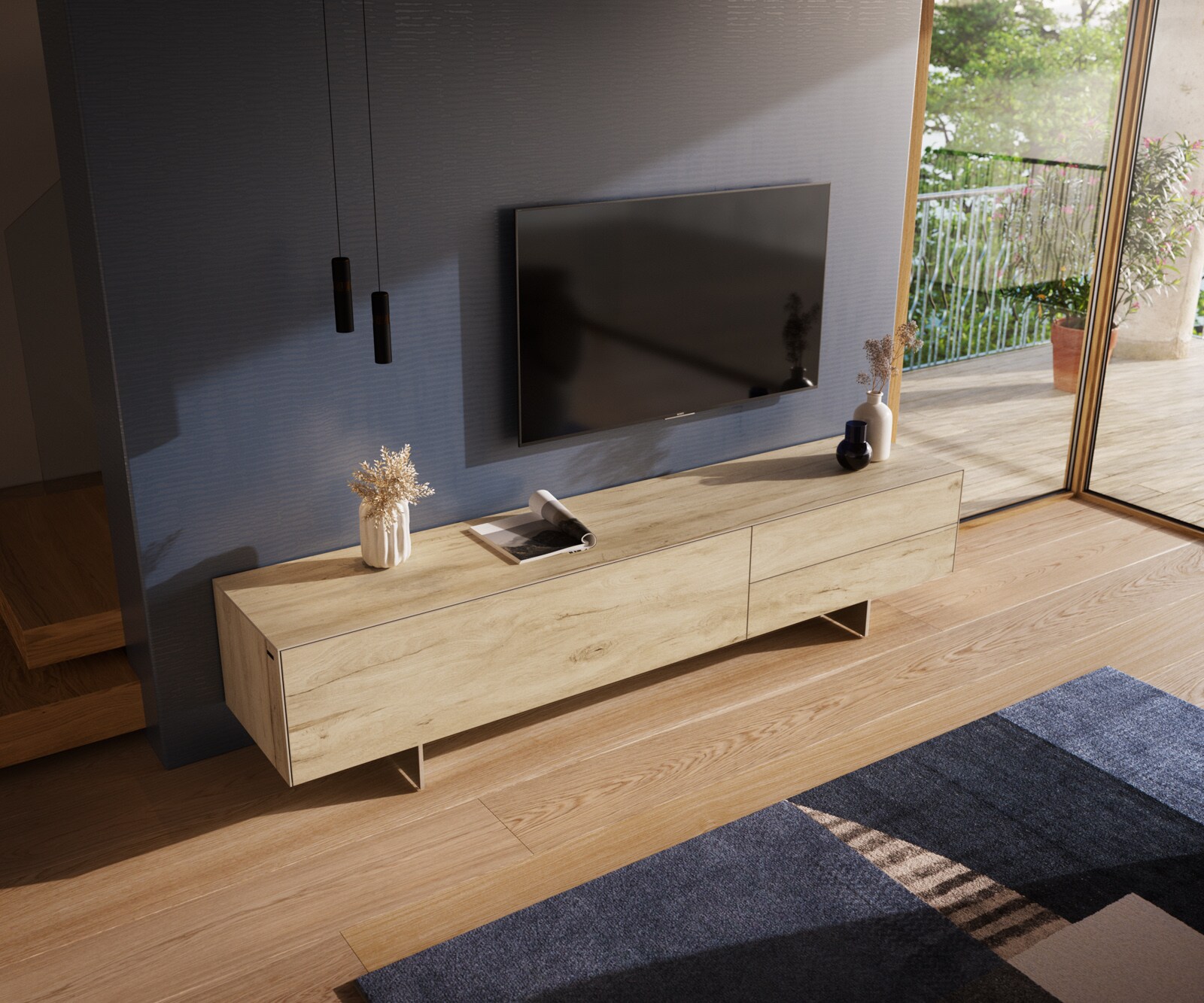 Szafka RTV Cuor 220 cm ceramika Laminam® Sabbia (kolor dębu) 1 klapa 2 szuflady nóżki wąskie stal nierdzewna 4