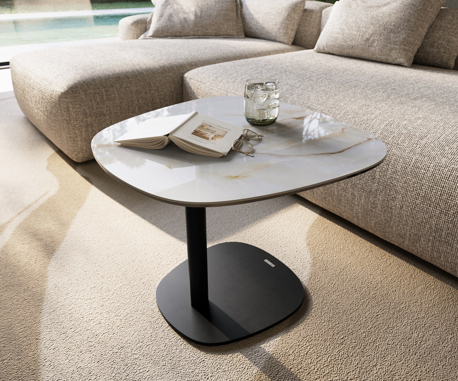 Stolik kawowy Edge w kształcie beczki 60x60 cm ceramika Onyx Pearl podstawa Eleny metal czarny 7
