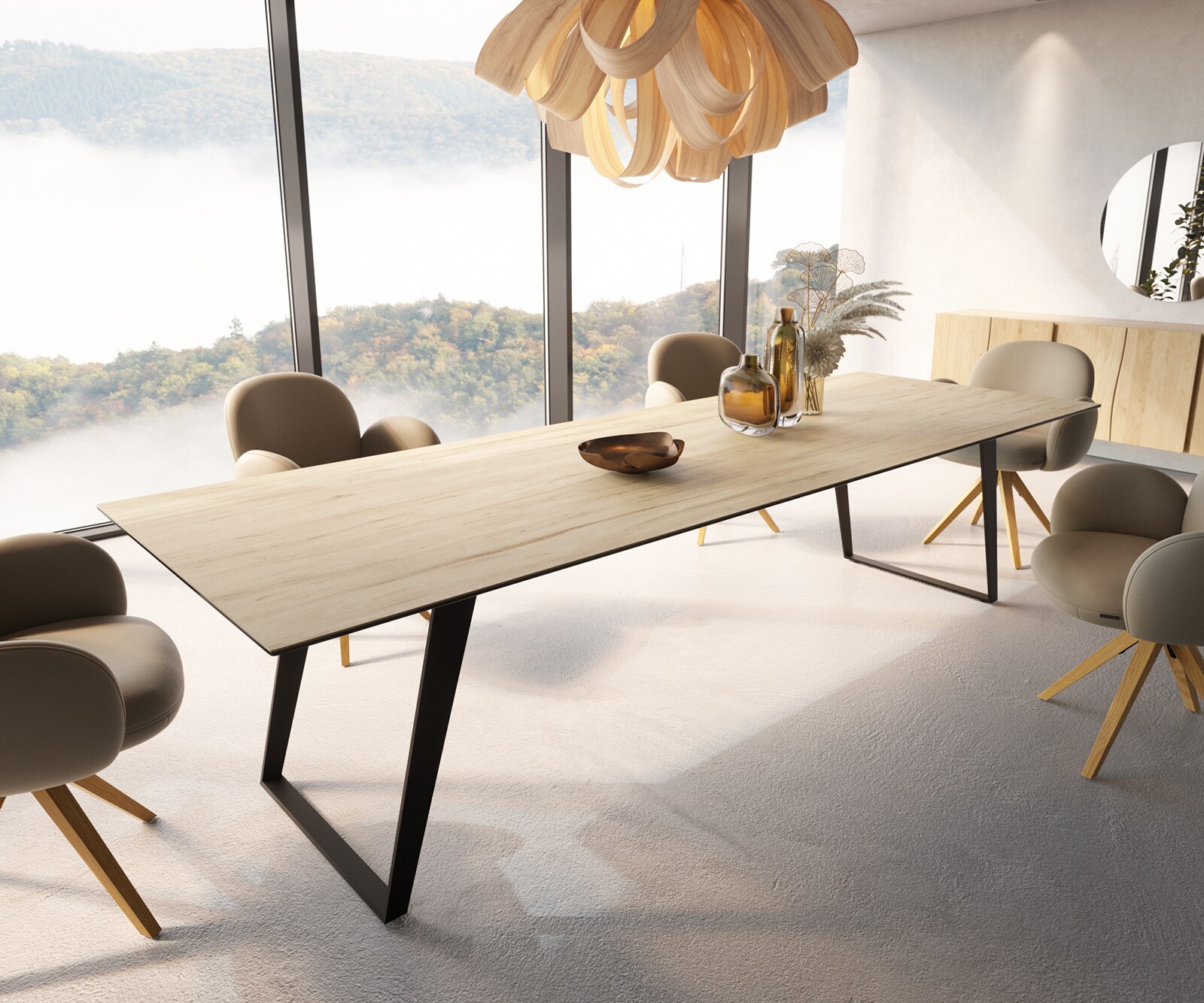Stół do jadalni Edge 300x100cm ceramika Laminam® Sabbia kolor dębu metal pochylona rama czarna