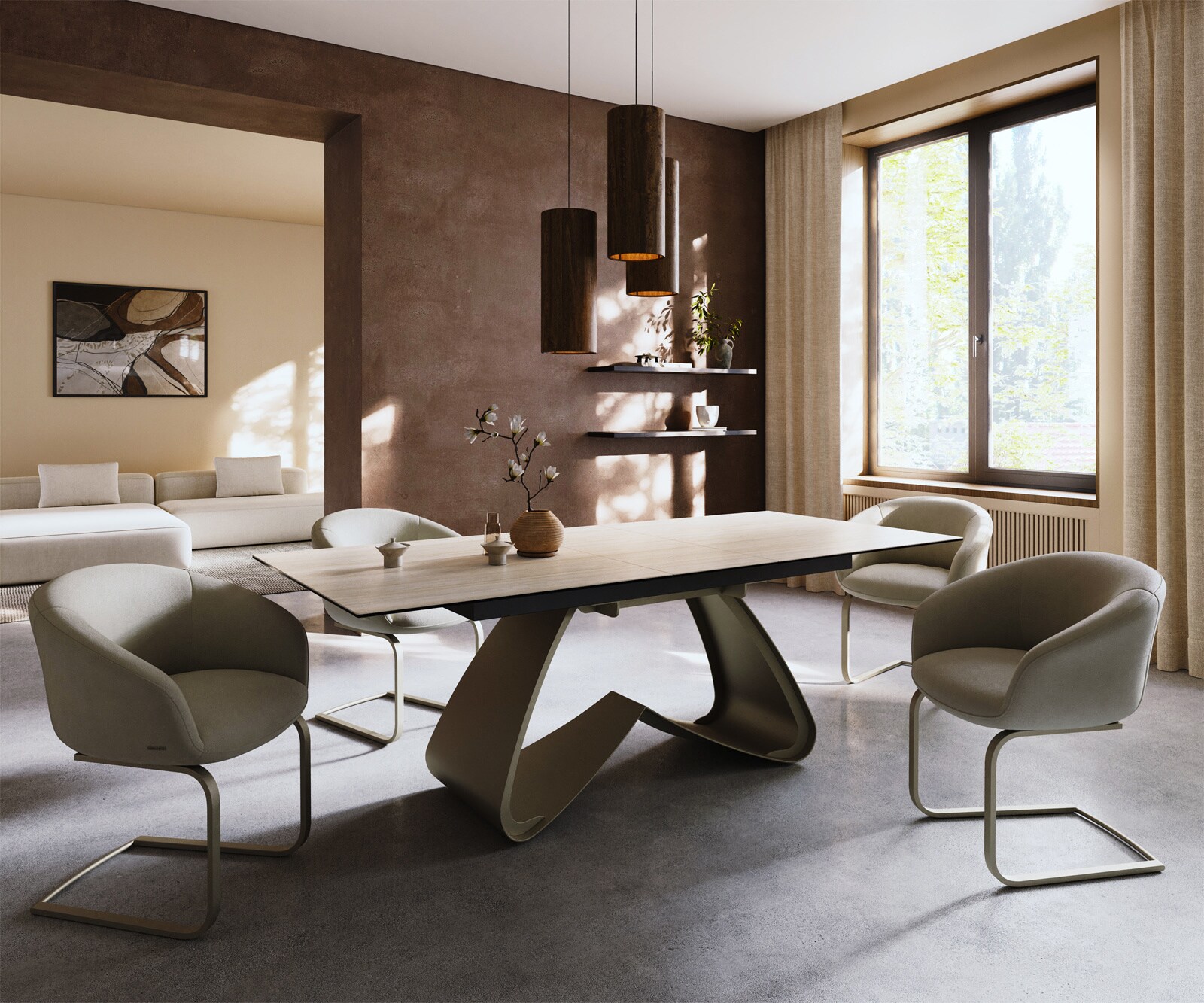 Stół do jadalni Edge 180-220x100cm ceramika Laminam® Travertino Bianco kremowo-biały rama W kolor tytanowy rozkładany 6