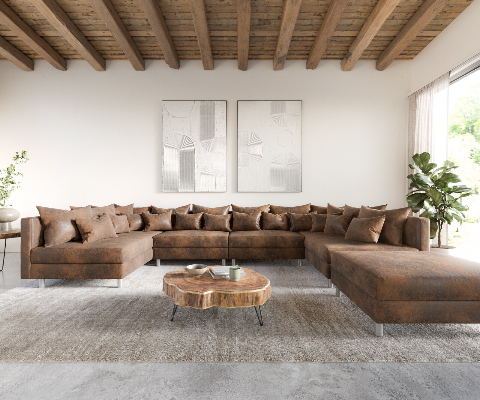 Zestaw wypoczynkowy Clovis XL brąz antyczny sofa modułowa z pufem 1