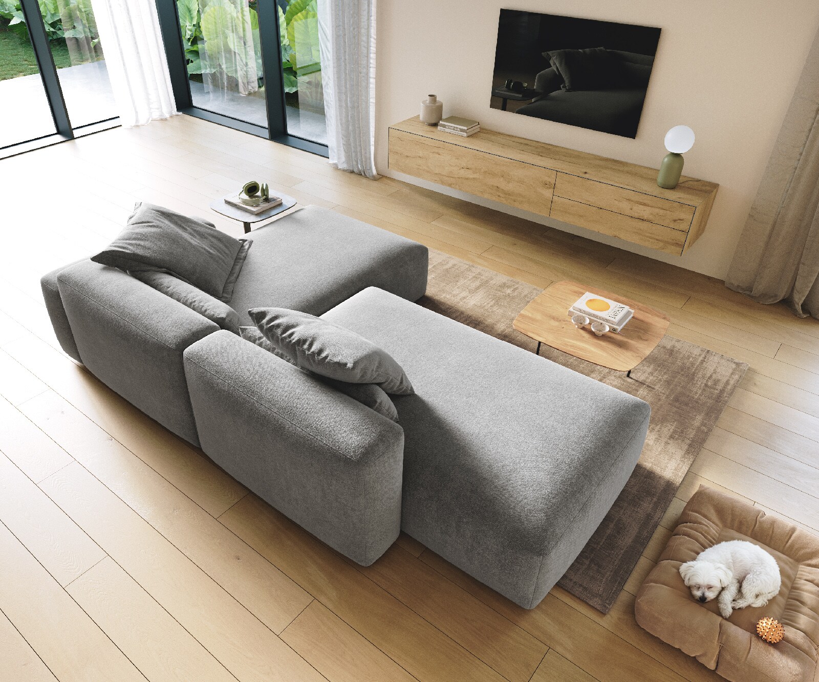 Sofa narożna Freestyle 310x200 cm miękka tkanina strukturalna szara szew płaski 3