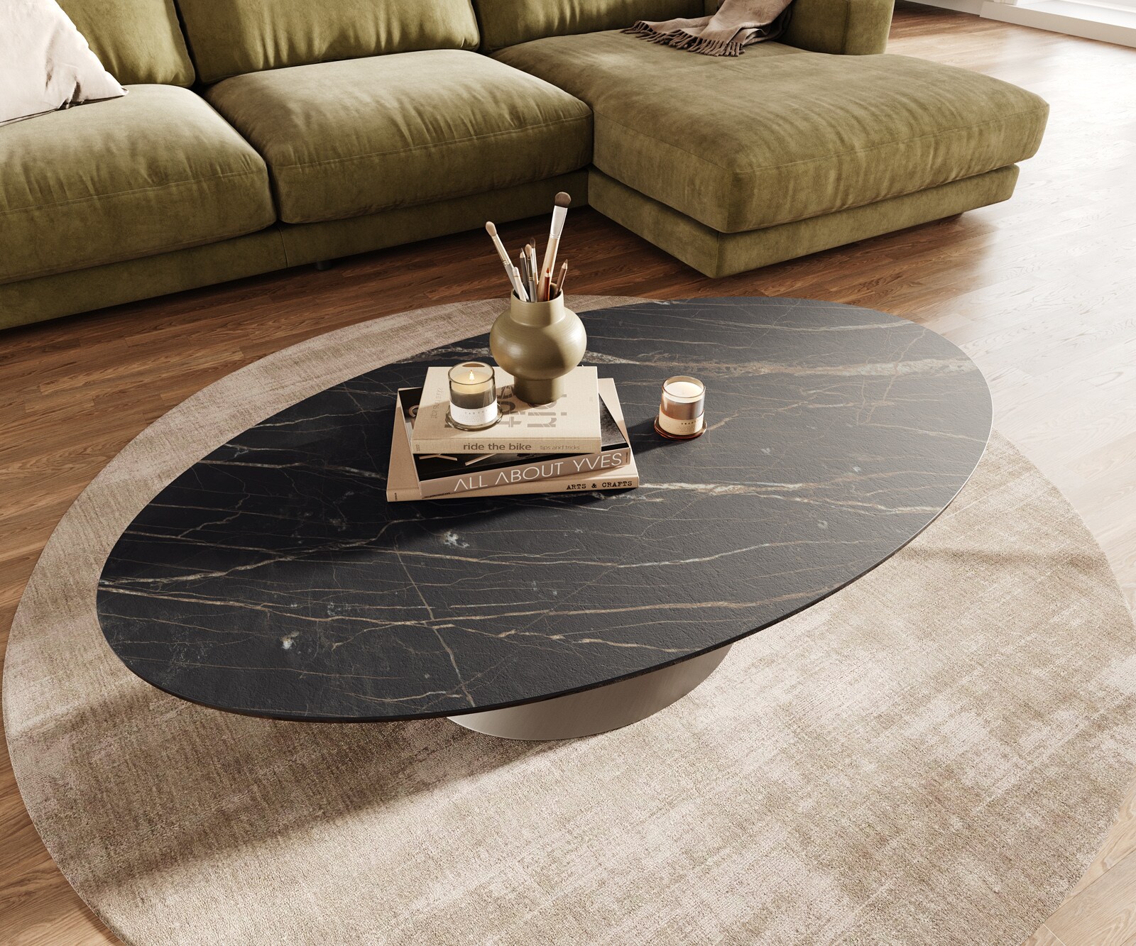 Stolik kawowy Edge owalny 140x80 cm ceramika Laminam® Noir Desir brązowa podstawa Conis stal nierdzewna szczotkowana 4