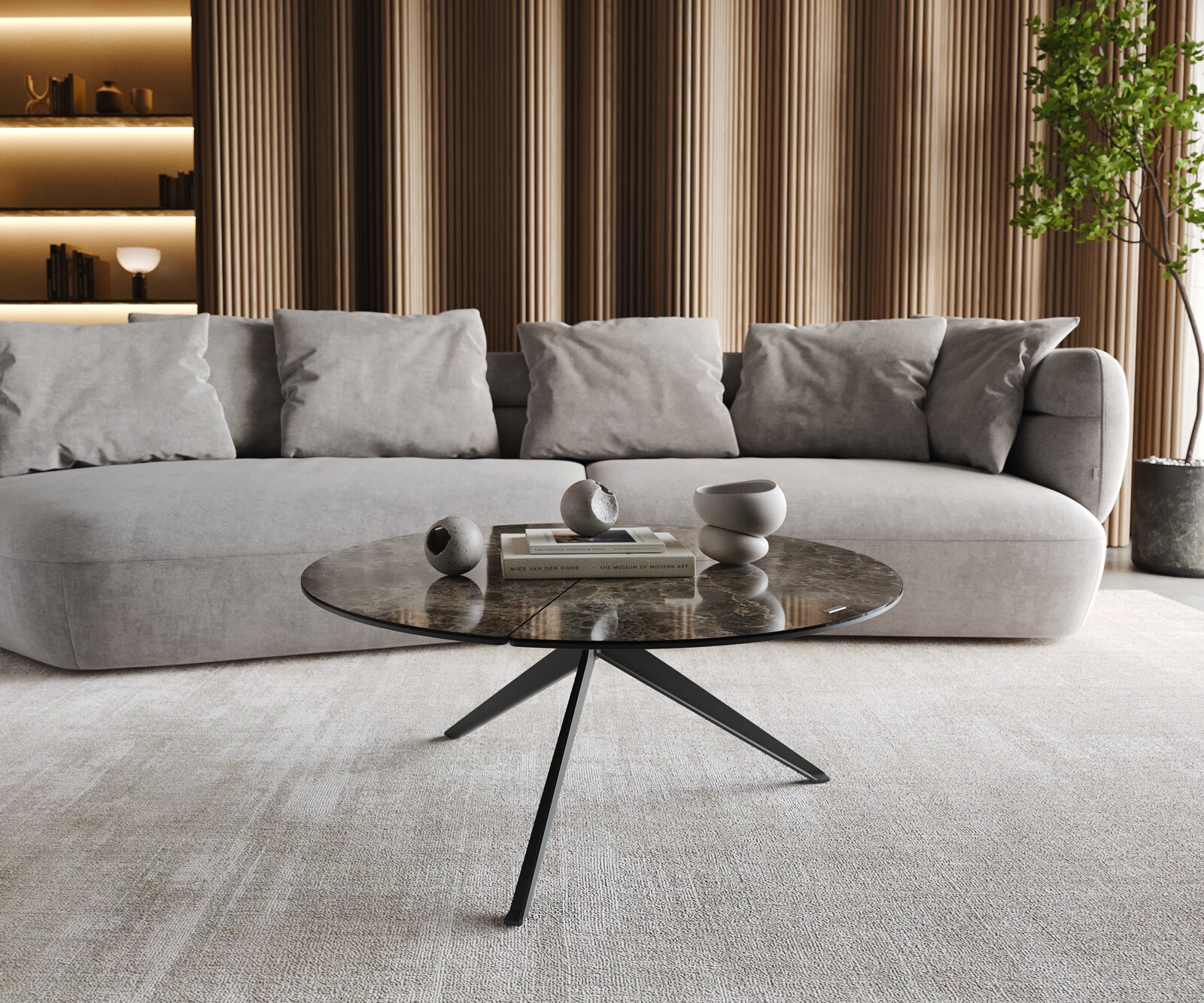 Stolik kawowy Delron 90x90cm ceramika Emperador Extra Lucidato ciemnobrązowy podstawa krzyżowa płaska metal czarny 1