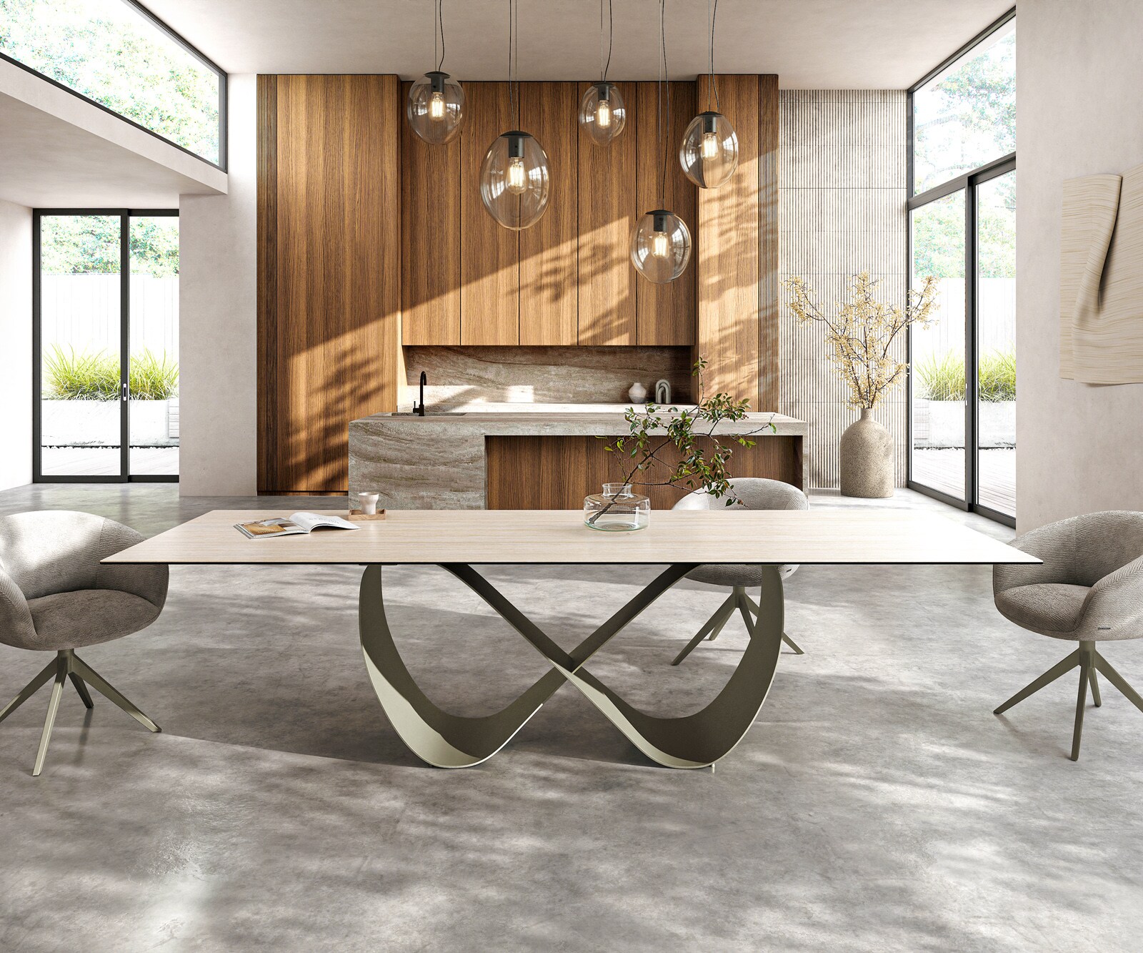 Stół do jadalni Edge 300x100cm ceramika Laminam® Travertino Bianco kremowo-biały rama Infinity metal kolor tytanowy 1