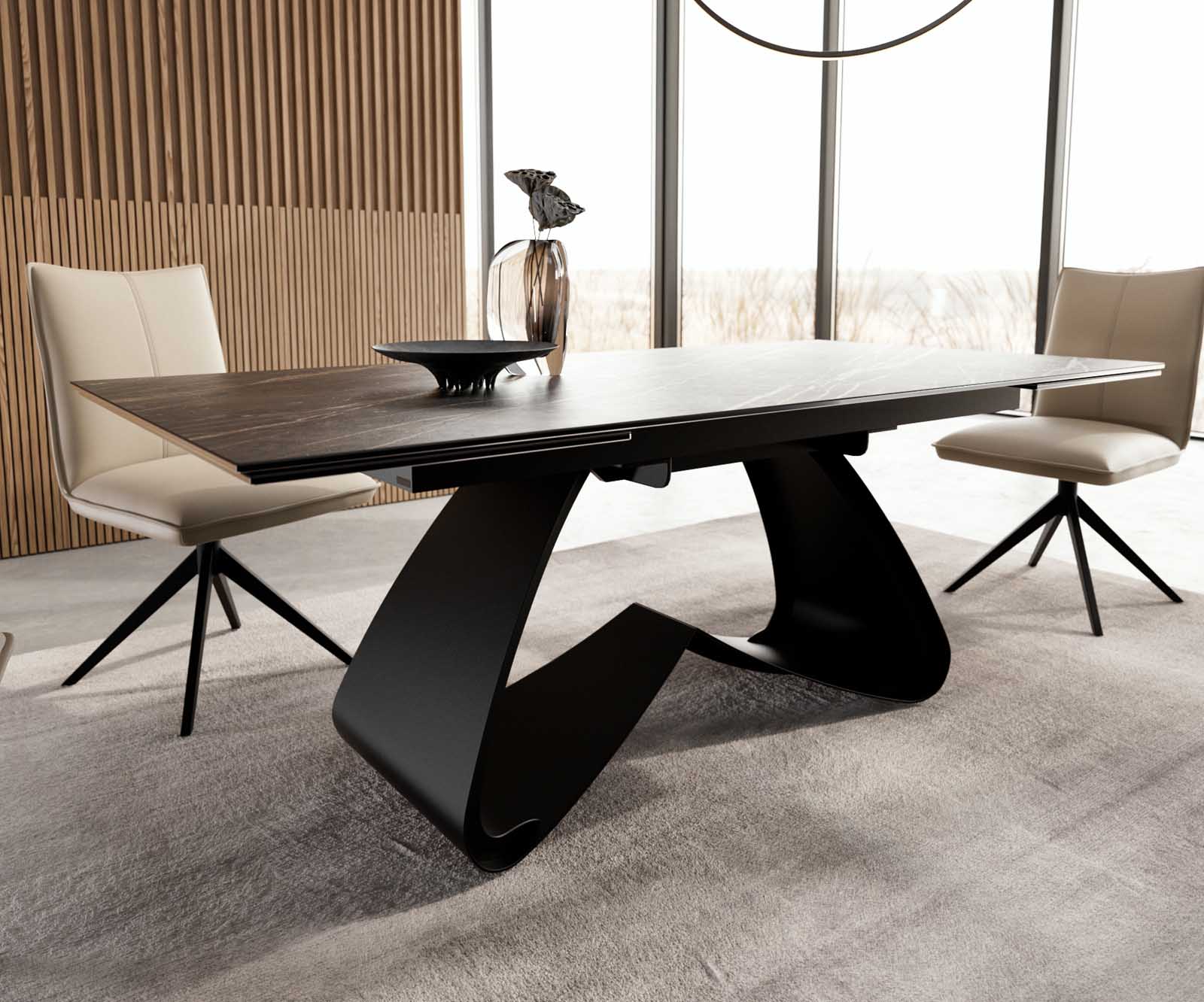 Stół do jadalni Edge 200-300x100 cm ceramika Laminam® Noir Desir brązowy rama W czarna rozkładany 6