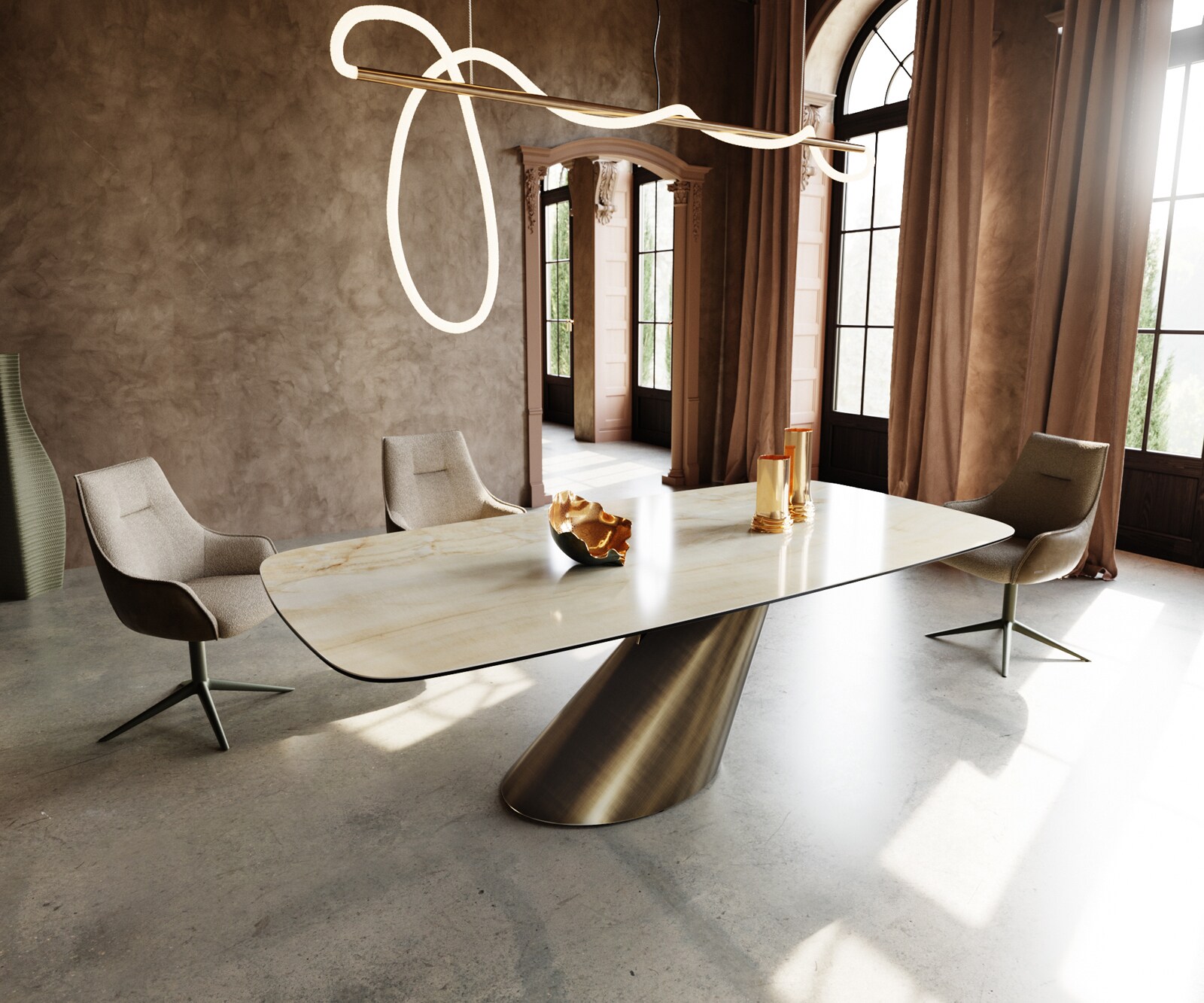Stół do jadalni Edge w kształcie beczki 240x120cm ceramika Iris FMG Onice Oro rama Cono metaliczny złoty