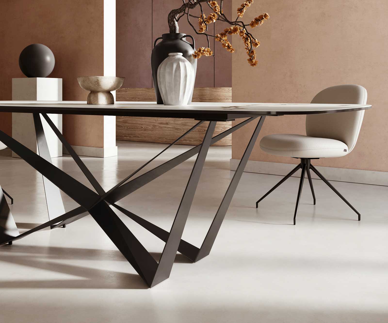 Stół do jadalni Edge kształt beczki 240x120cm ceramika Calacatta Luxe biało-złoto-szary rama Spider metal czarna 5