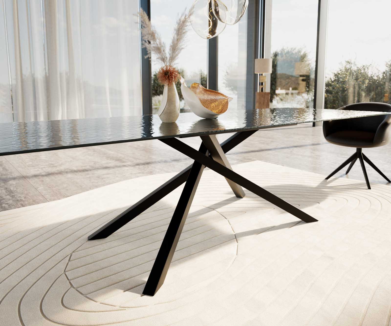 Stół do jadalni Edge 300x100cm szkło reliefowe czarne efekt 3D rama Cross czarna 5