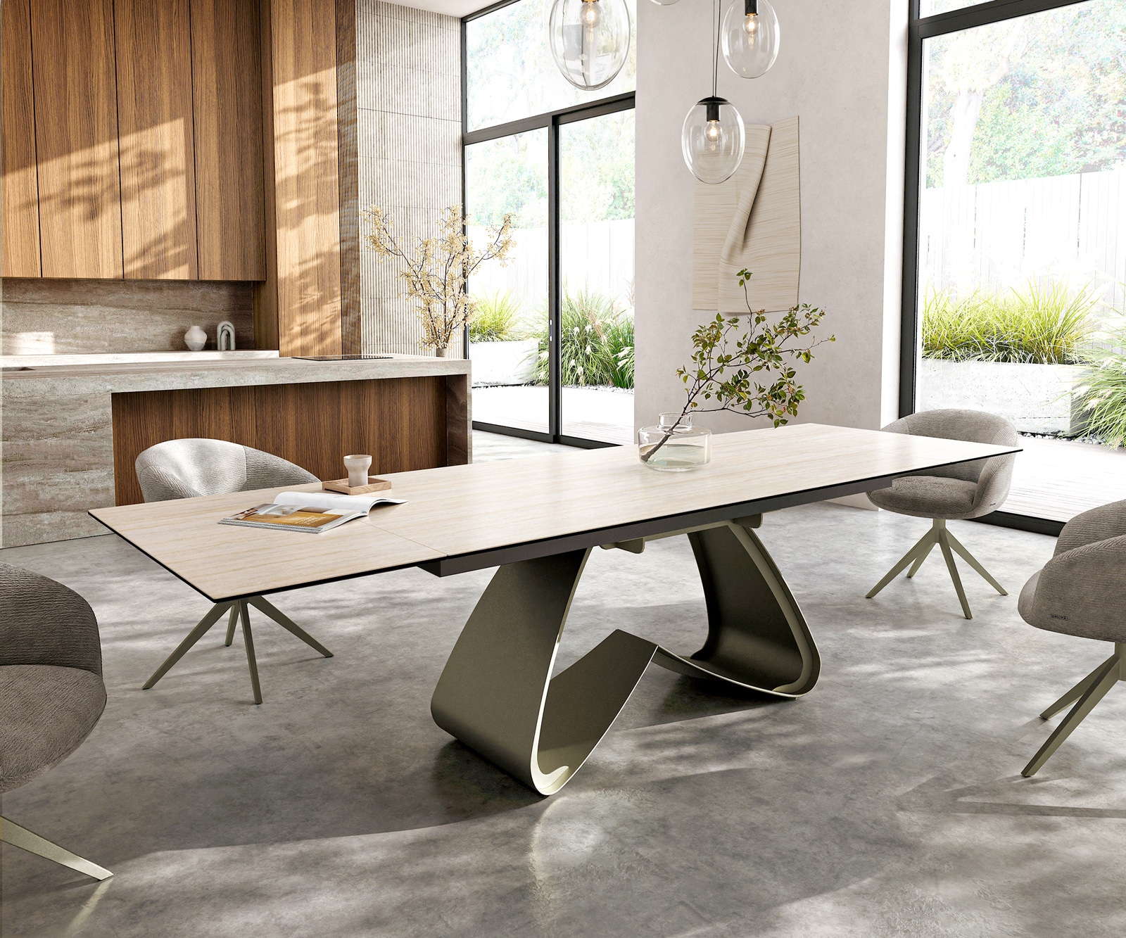 Stół do jadalni Edge 200-300x100cm ceramika Laminam® Travertino Bianco kremowo-biały rama W kolor tytanowy rozkładany