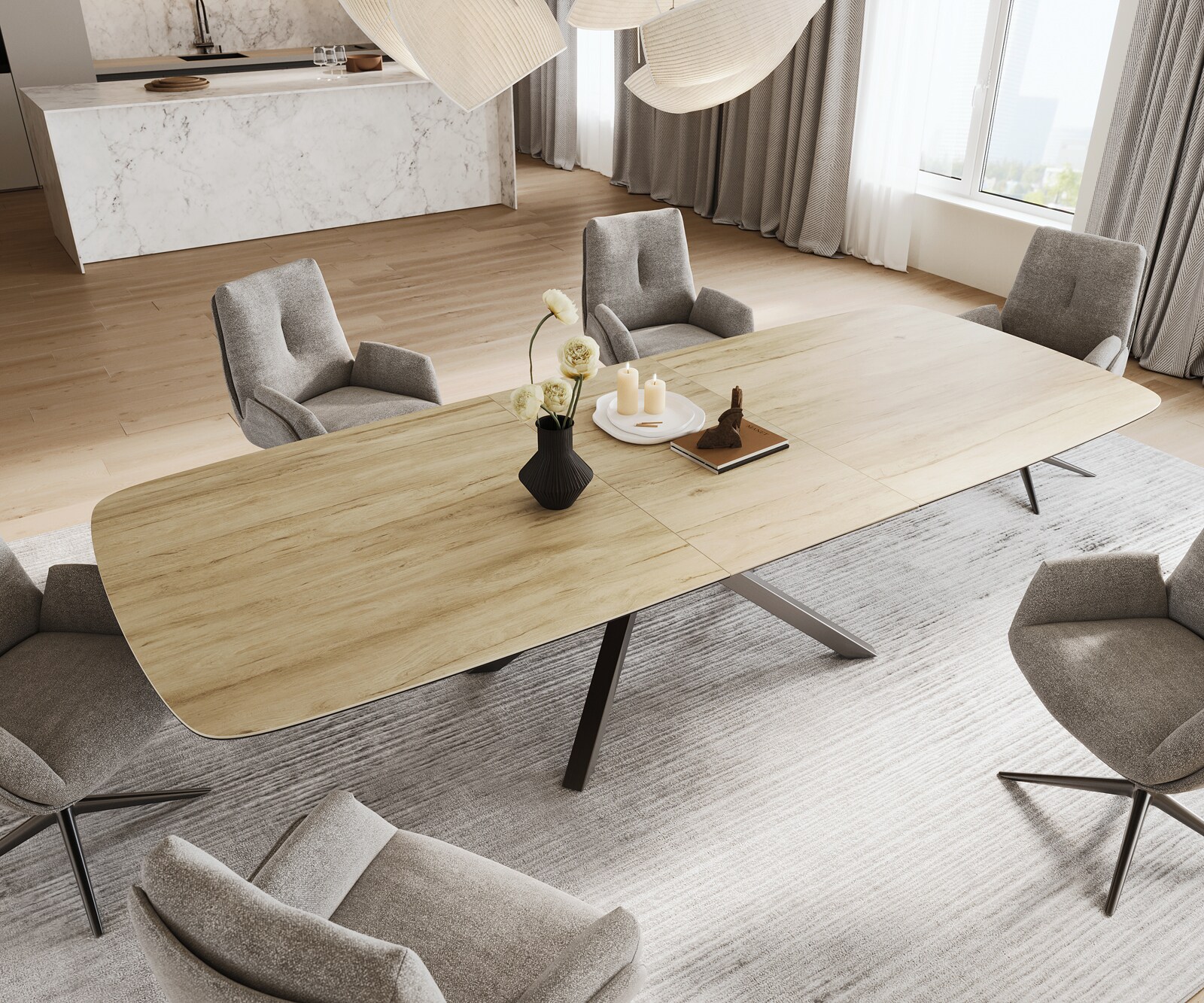 Stół do jadalni Edge w kształcie beczki 240-300x120 cm ceramika Laminam® Sabbia w kolorze dębu rama Cross stal nierdzewna kolor grafitowy rozkładany 3