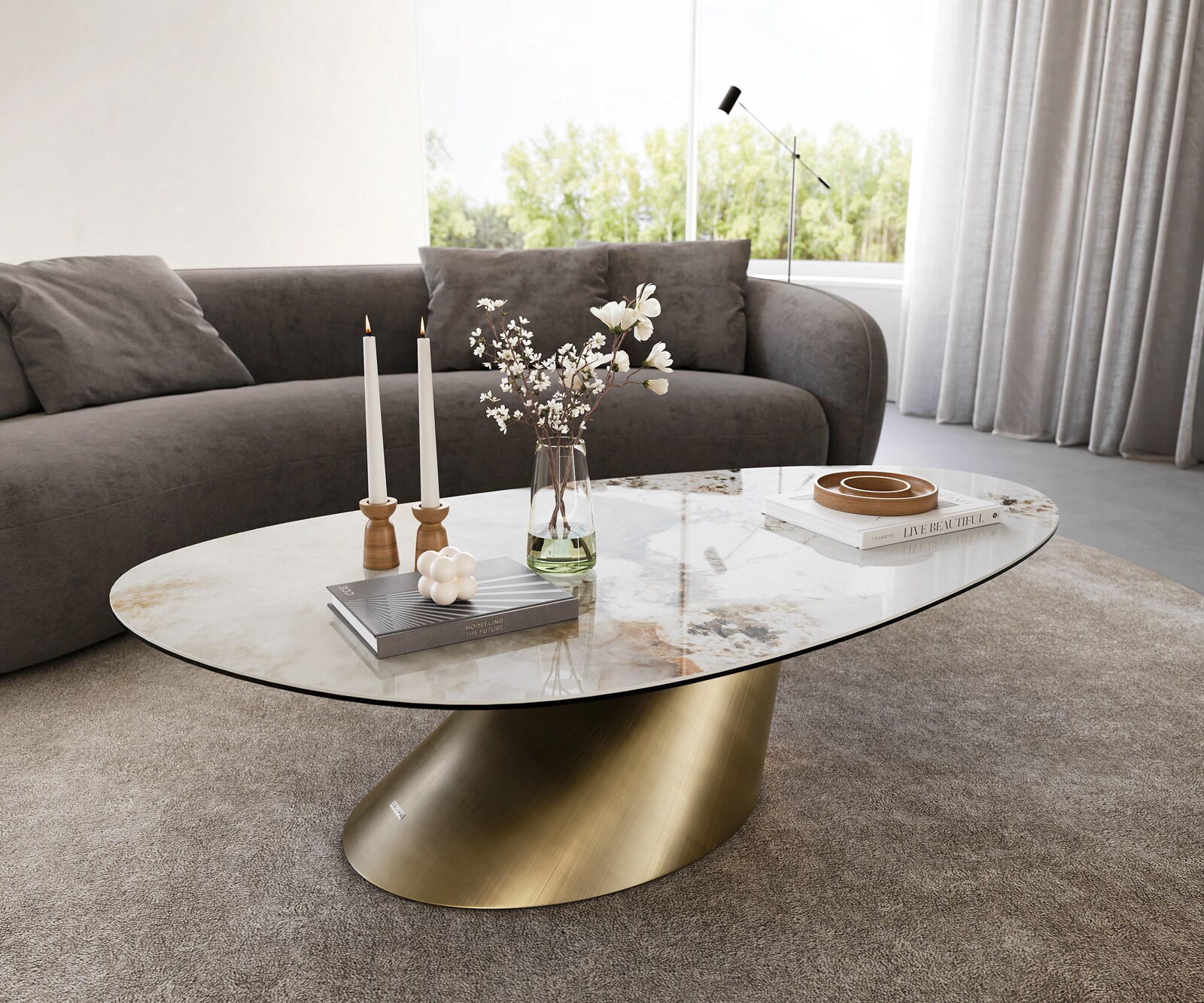 Stolik kawowy Edge owalny 140x75 cm ceramika Minas Melange podstawa Conis metaliczny złoty 1