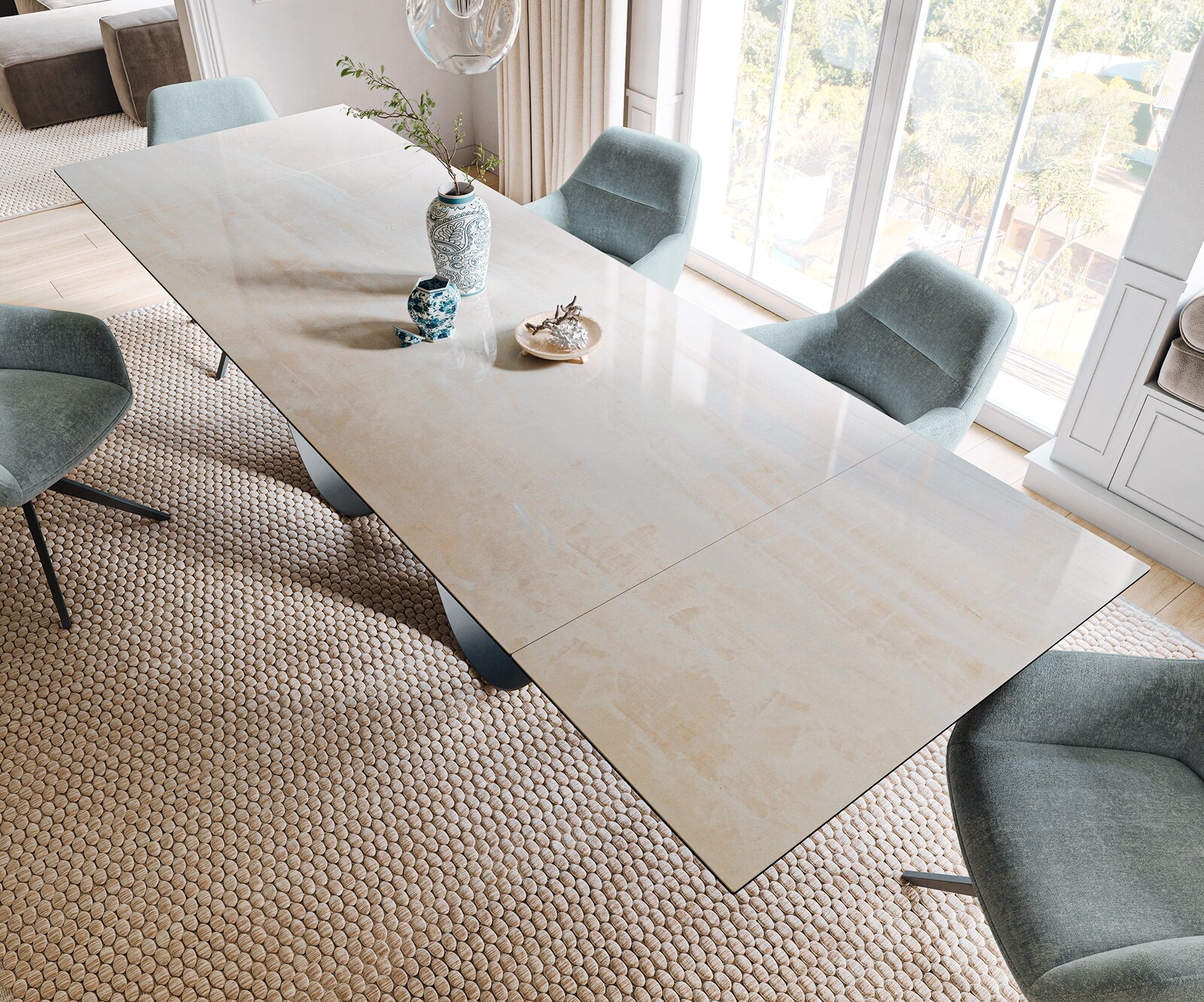 Stół do jadalni Edge 200-300x100cm ceramika Onyx Champagne rama Infinity metal czarny rozkładany 3
