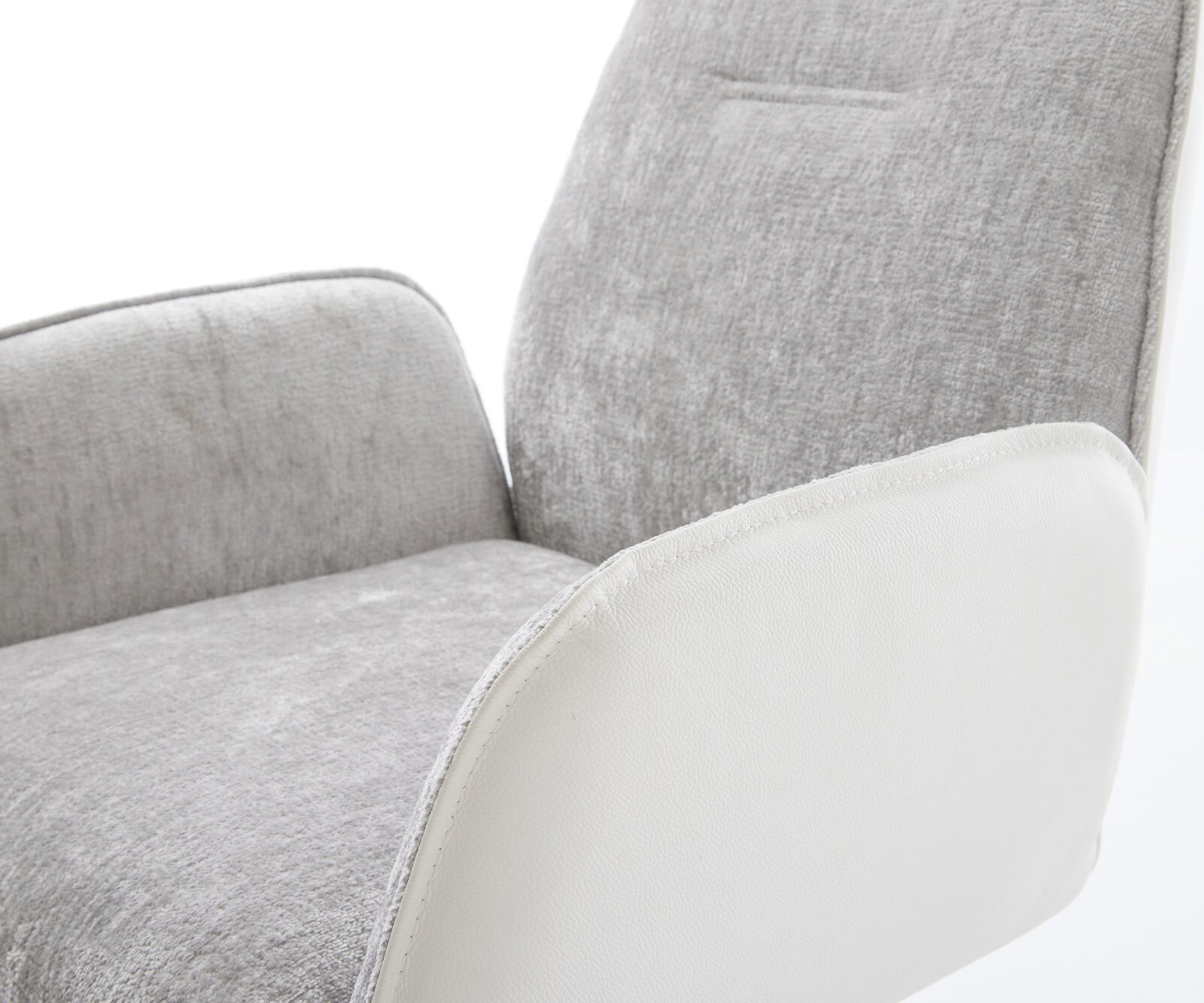 Krzesło do jadalni Zoa-Flex mieszanka materiałów skóra naturalna/szenil kolor biało-srebrno-szary rama krzyżowa szeroka biała obracane o 360° funkcja kołyski ze sprężynami kieszeniowymi 3