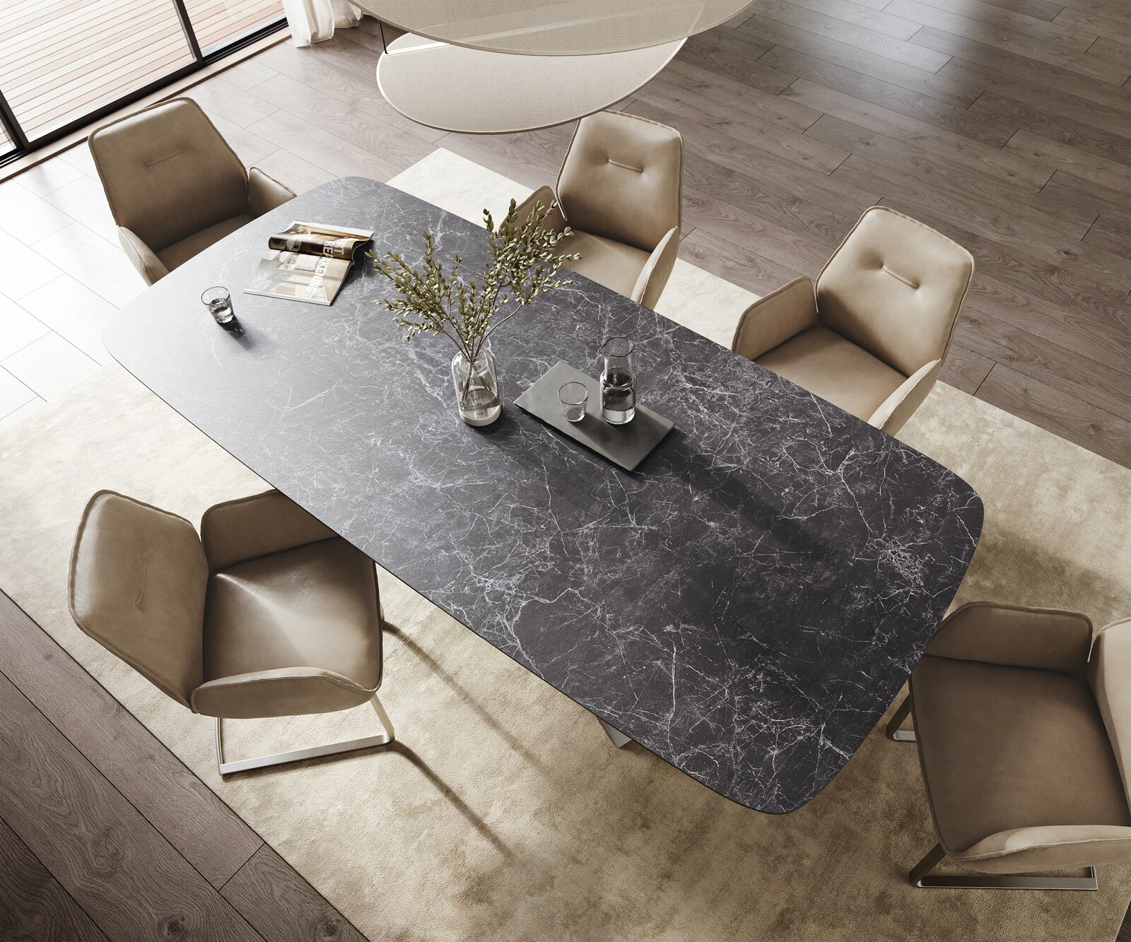 Stół do jadalni Edge w kształcie beczki 260x120 cm ceramika Laminam® Nero Greco antracytowa rama Cross stal nierdzewna 3