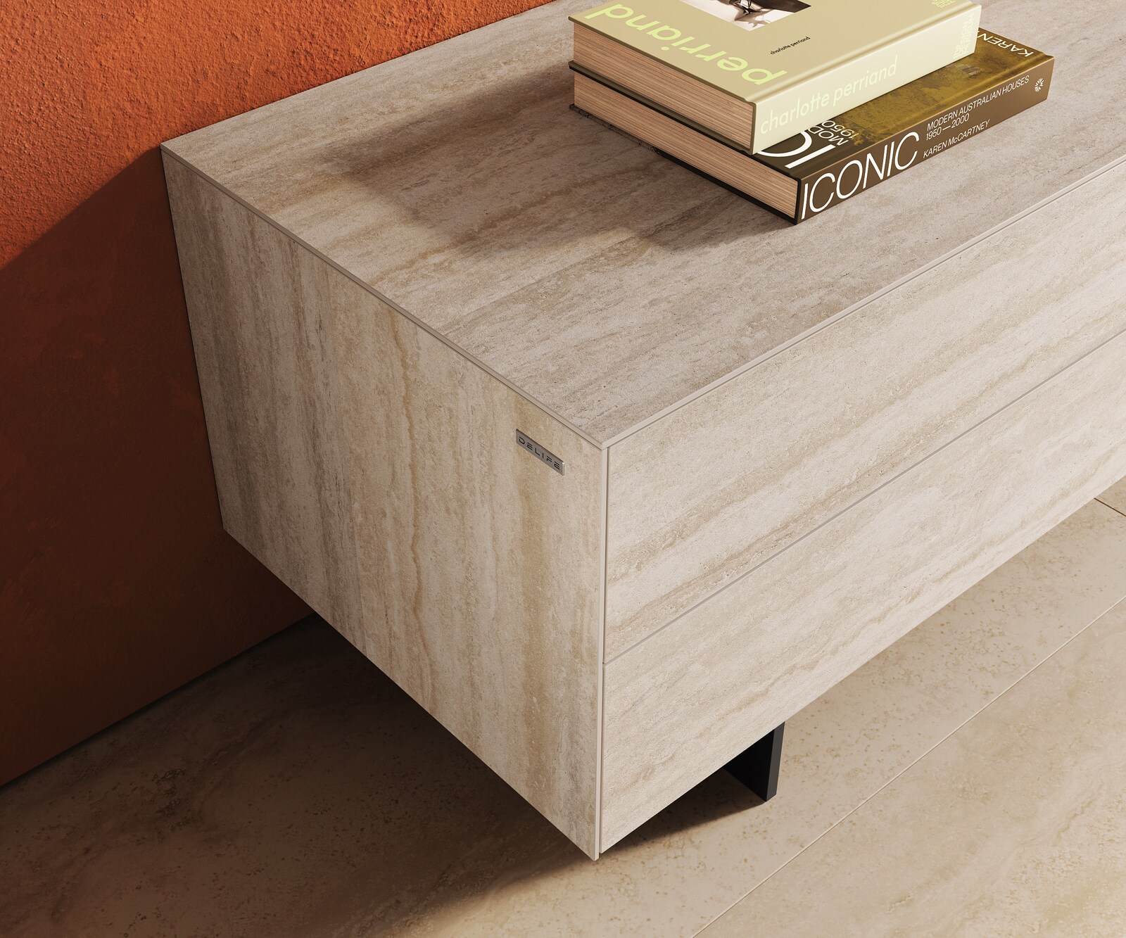 Szafka RTV Cuor 180 cm ceramika Laminam® Travertino Bianco kremowo-biała 1 klapa 2 szuflady nóżki wąskie czarny metal 6