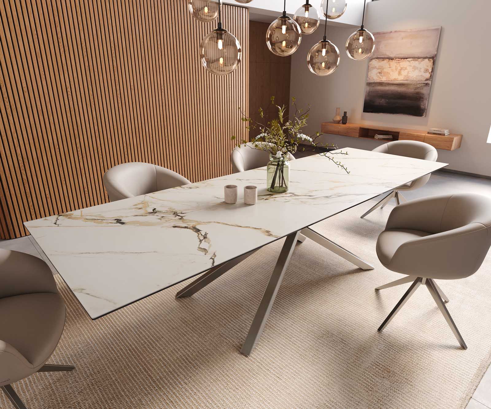 Stół do jadalni Edge 300x100cm ceramika Calacatta Luxe biało-złoto-szary rama Cross stal nierdzewna 1